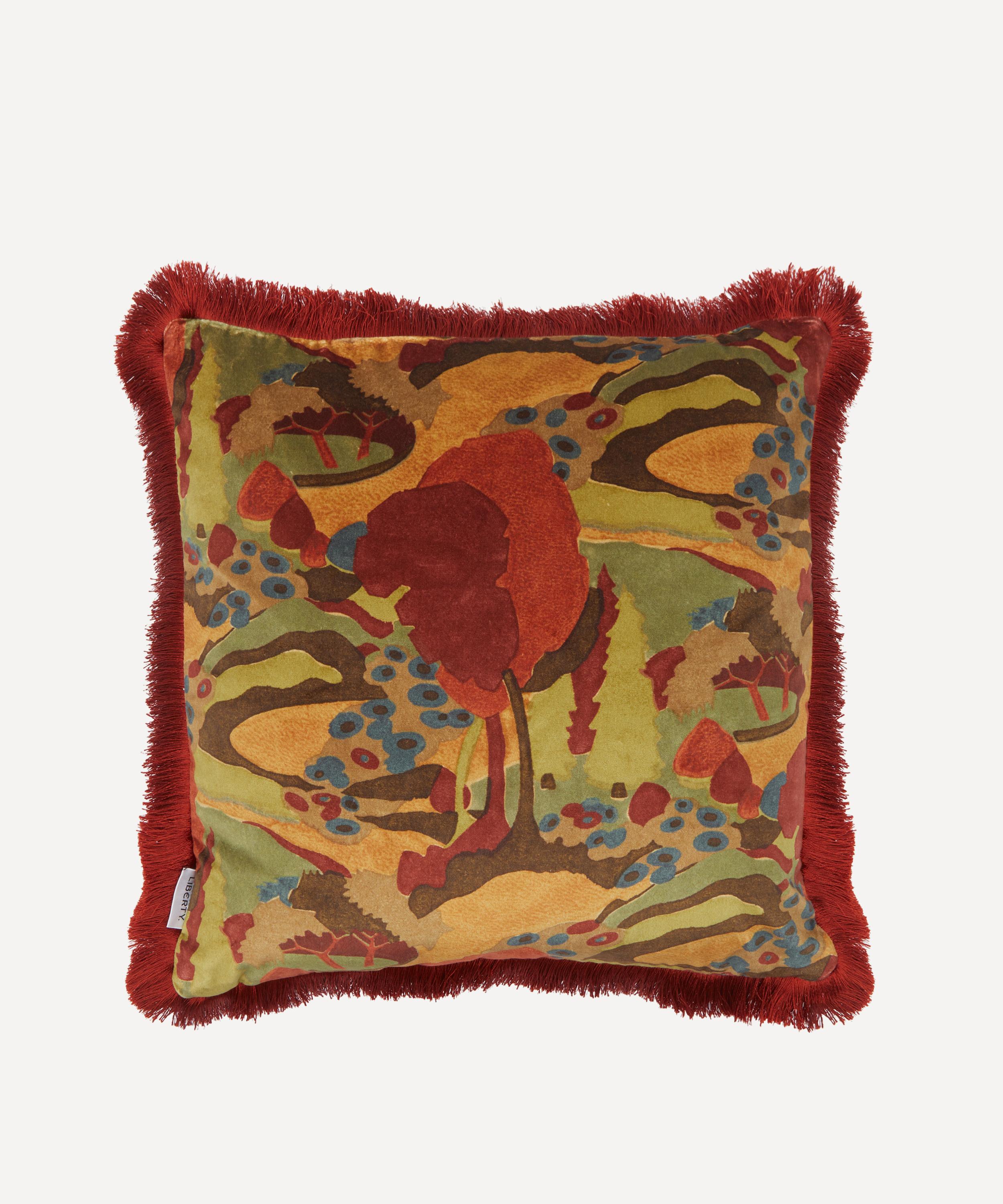 Liberty - Autumn Landscape Burgundy Velvet Fringed Cushion image number 0