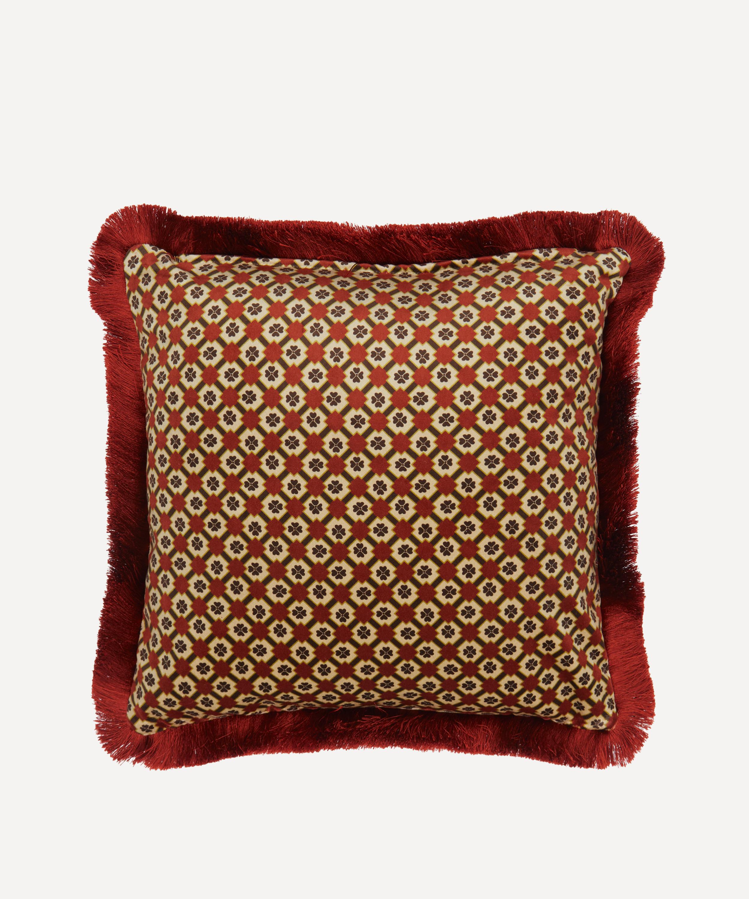 Liberty - Autumn Landscape Burgundy Velvet Fringed Cushion image number 1