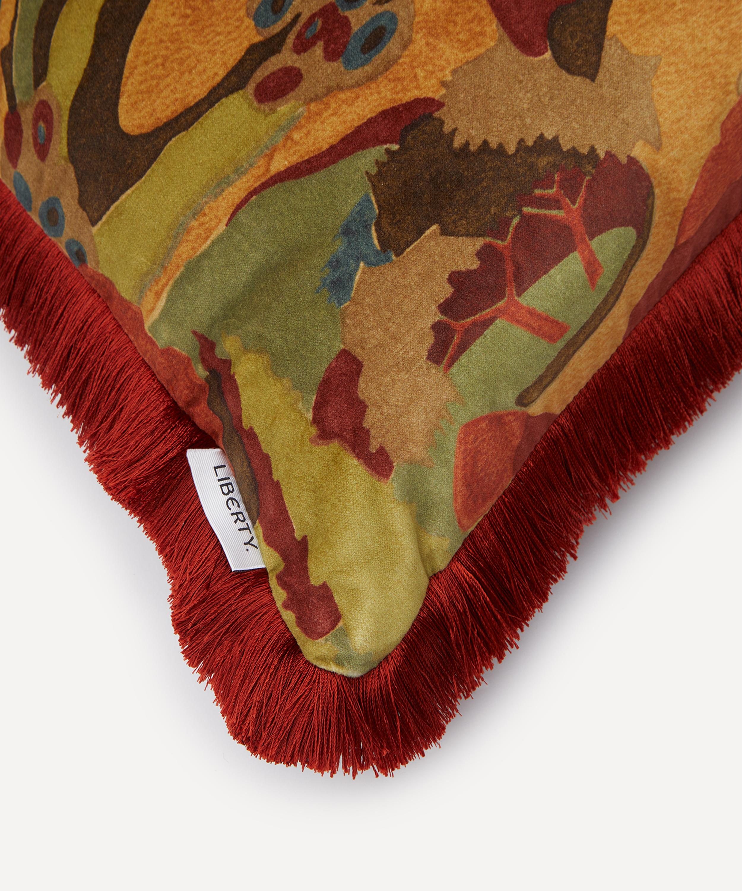 Liberty - Autumn Landscape Burgundy Velvet Fringed Cushion image number 2