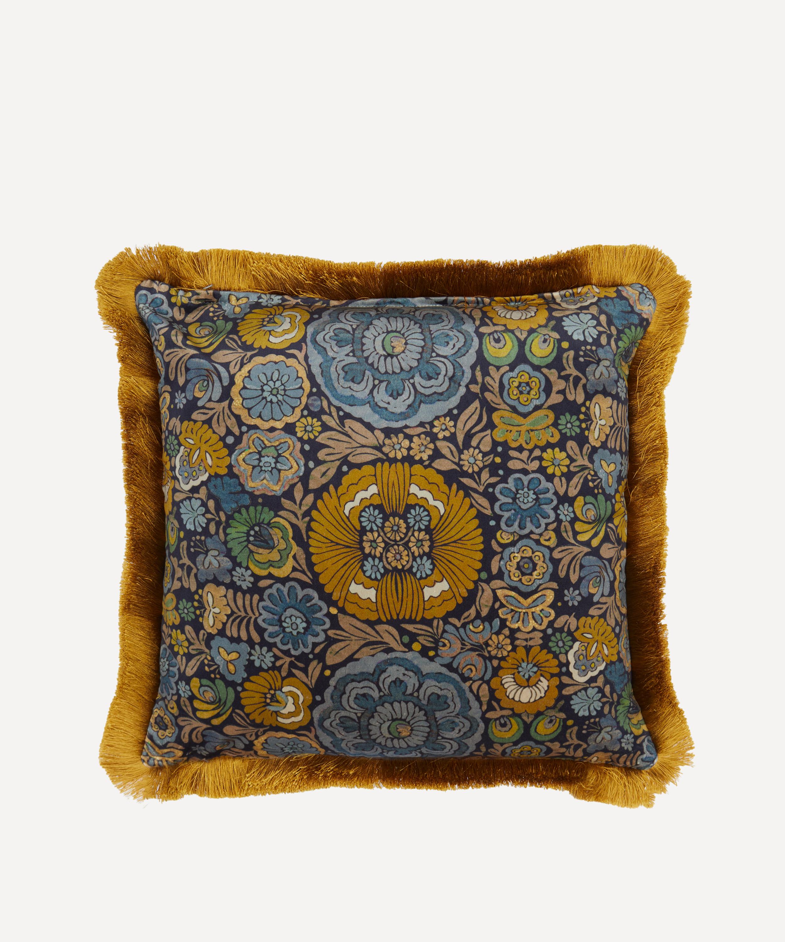 Liberty - Begonia Navy Velvet Fringed Cushion image number 1