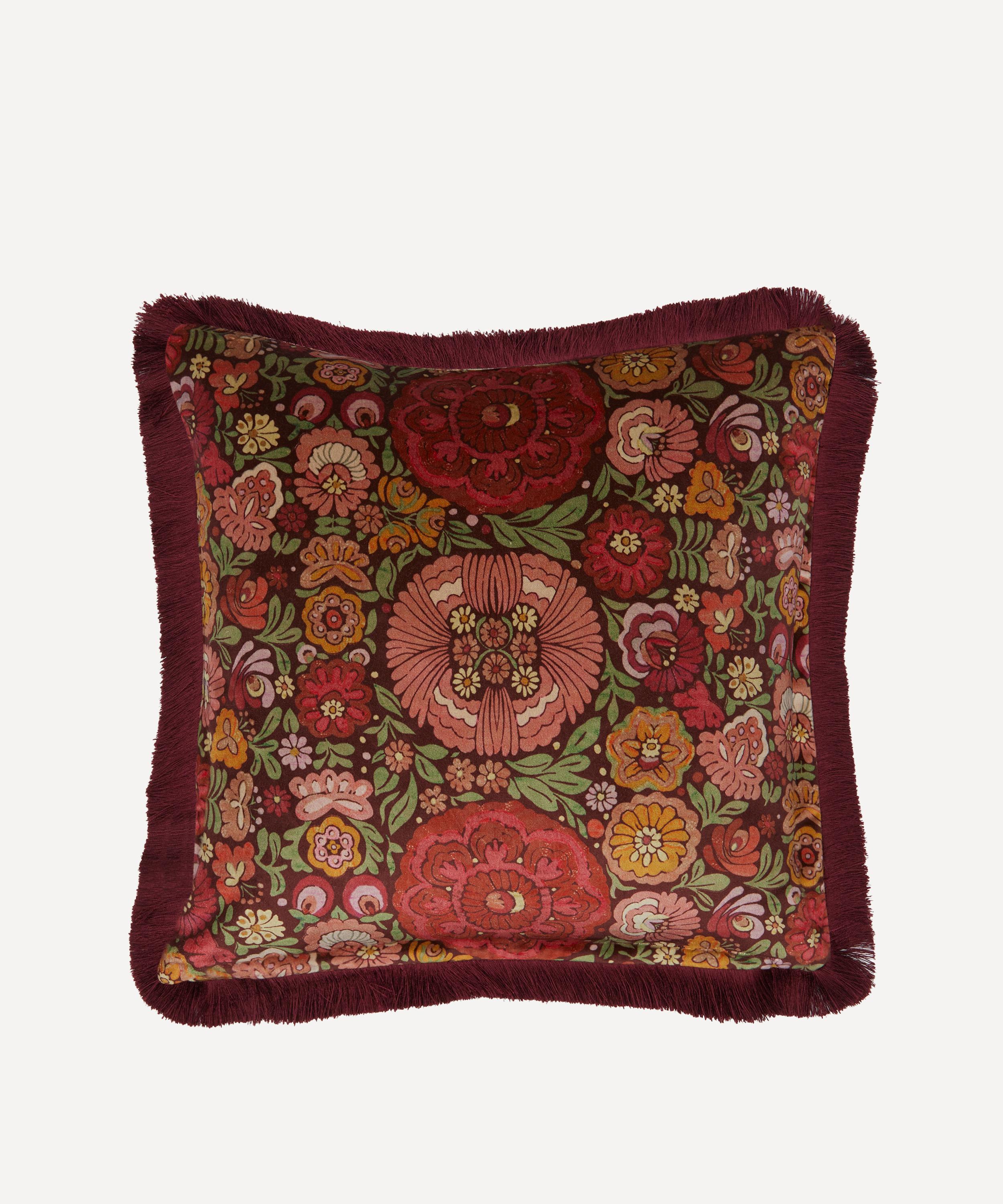 Liberty - Begonia Burgundy Velvet Fringed Cushion image number 1