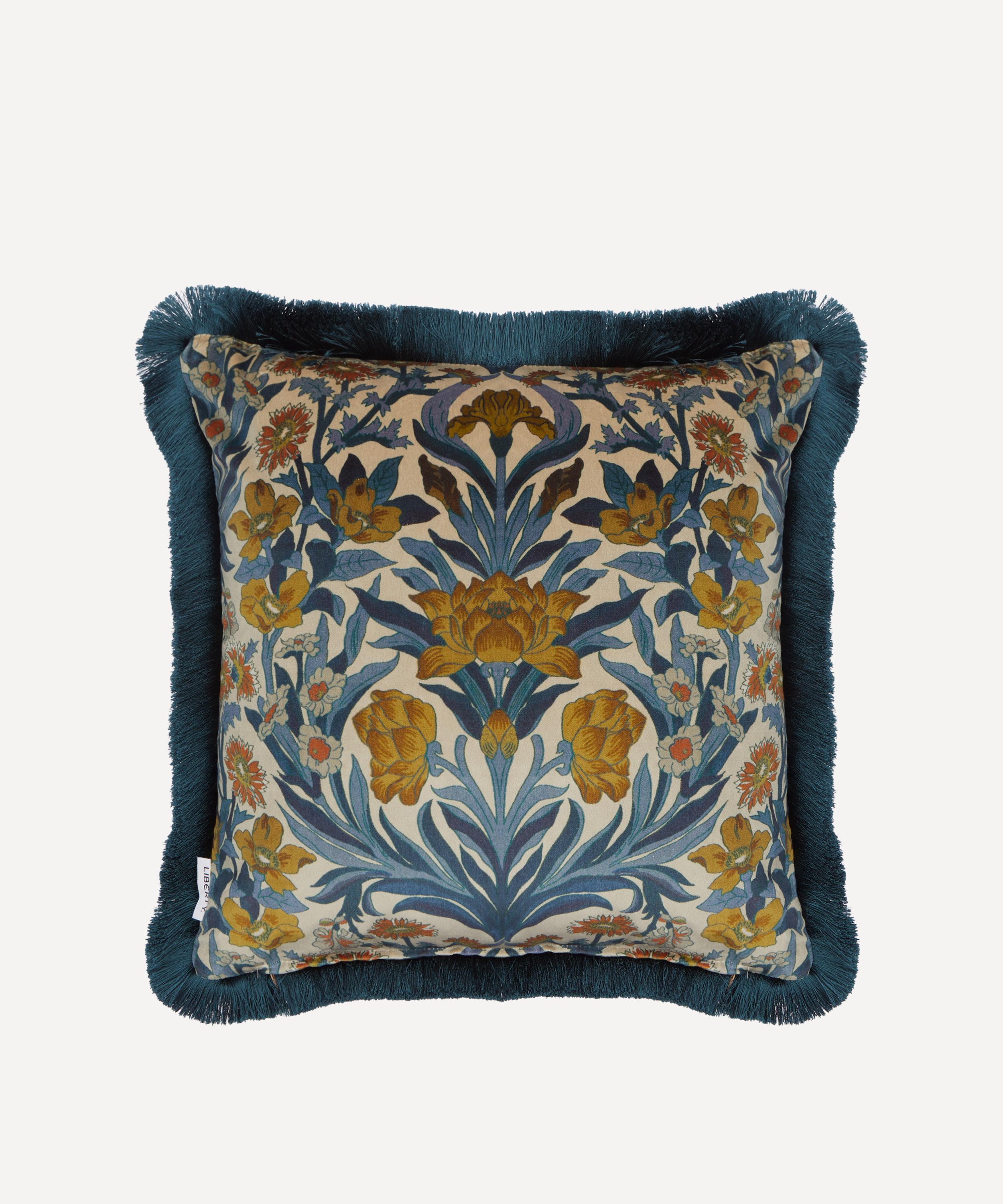 Liberty - Seagrass Blue Velvet Fringed Cushion image number 0