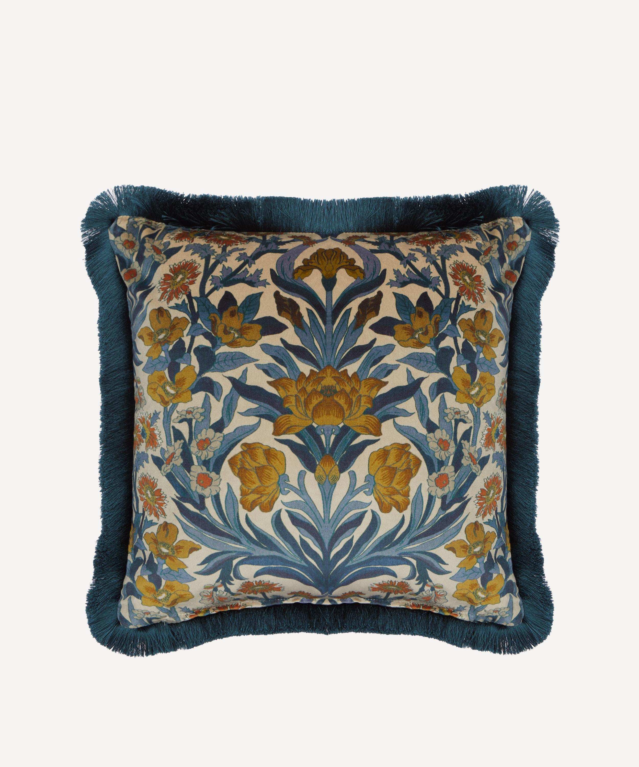 Liberty - Seagrass Blue Velvet Fringed Cushion image number 1