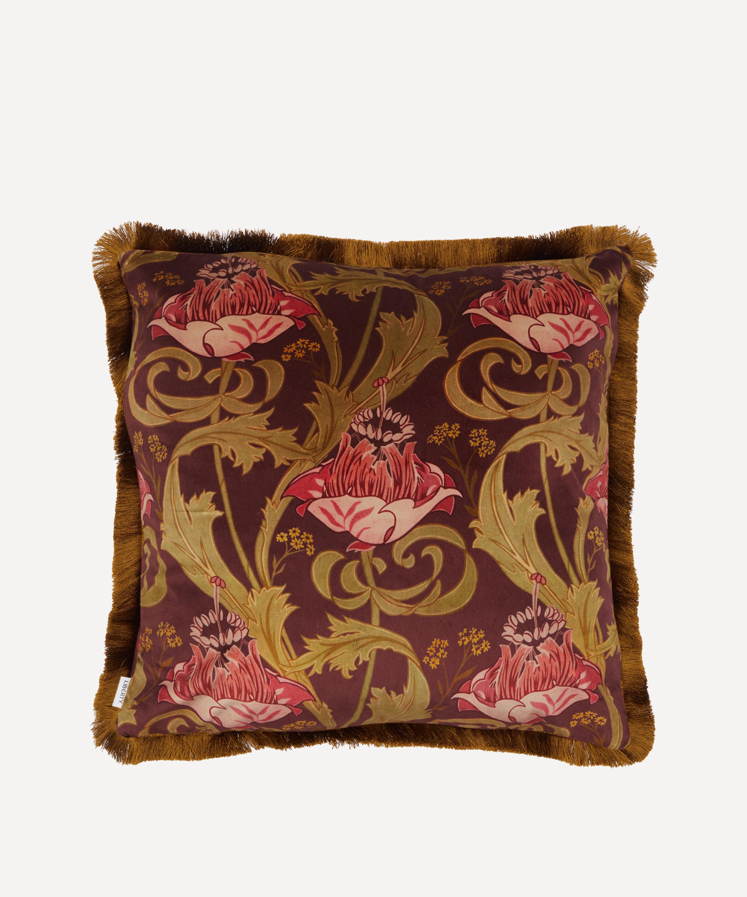 Liberty - Bold Bloom Burgundy Velvet Fringed Cushion image number 0