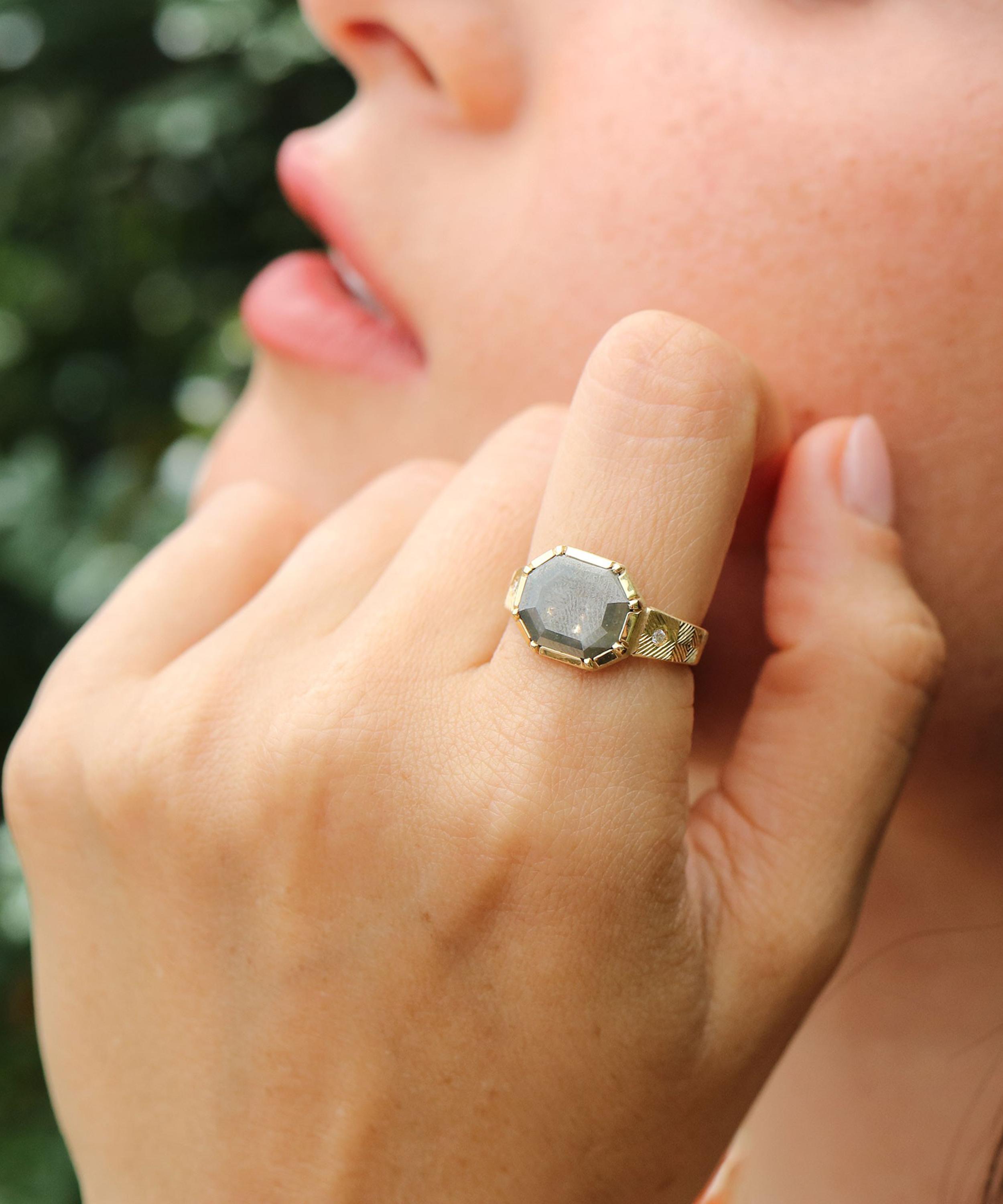 Brooke Gregson - 18ct Gold Raw Diamond Byzantine Engraved Ring image number 1