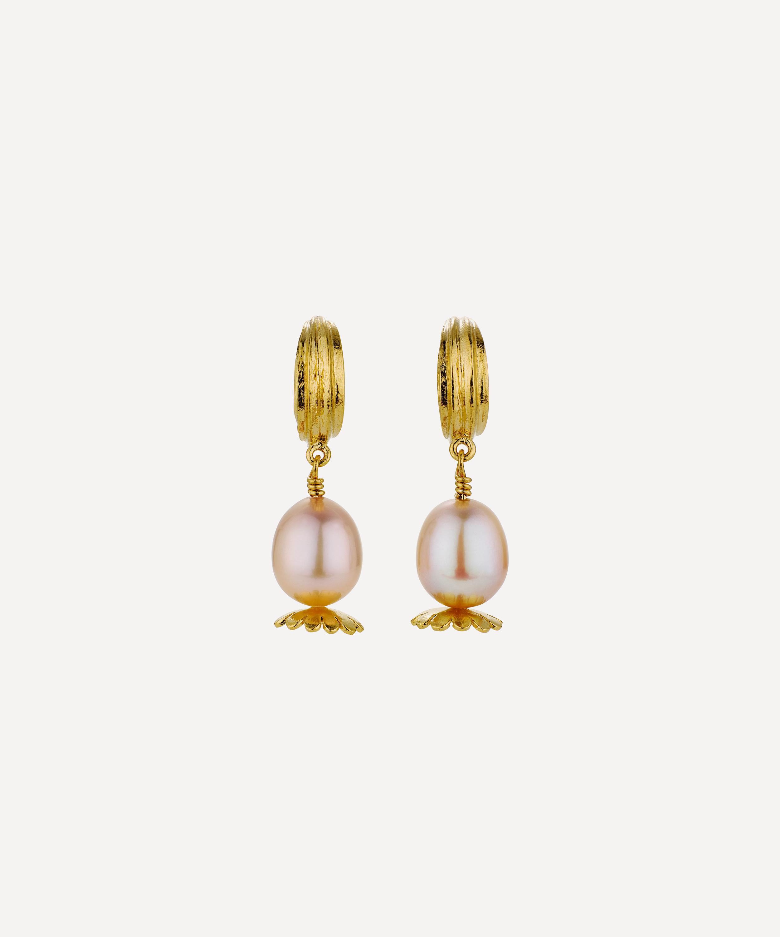 Alex Monroe - 22ct Gold-Plated Kissing Seed Huggie Hoop Earrings with Pink Pearl Poppy Head Drop image number 0