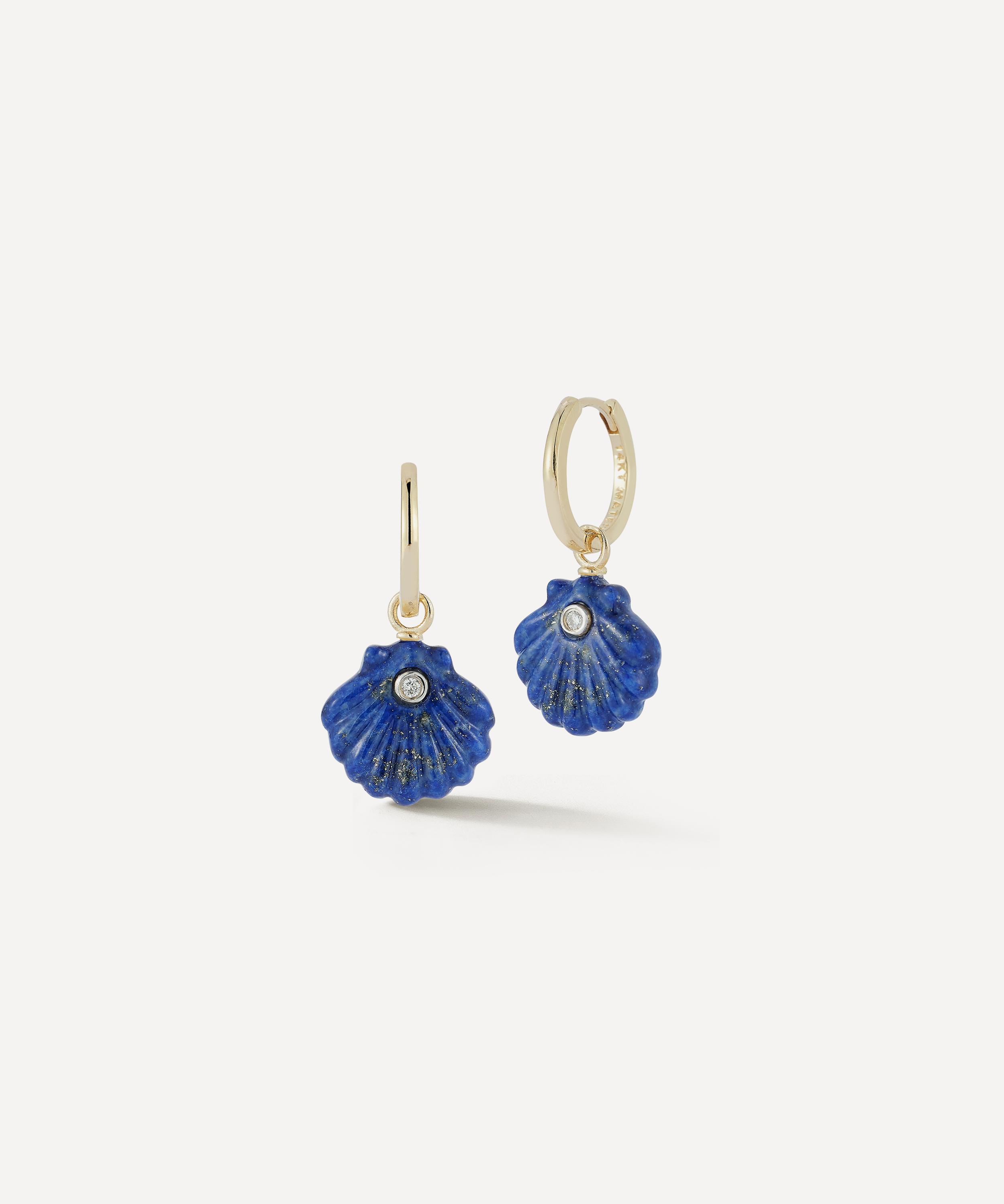 Mateo - 14ct Gold Carved Lapis Venus Shell Drop Earrings image number 1