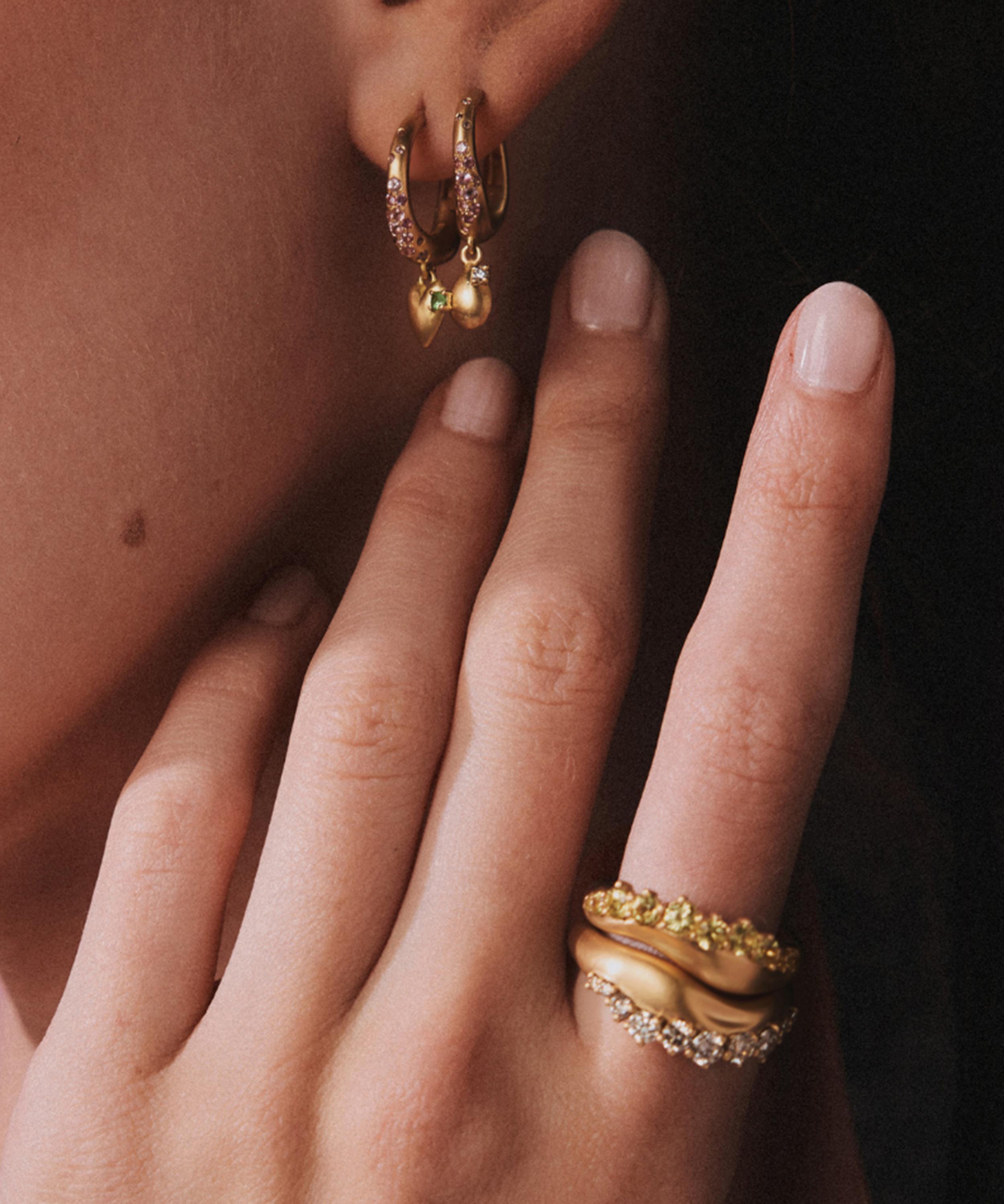 Nada Ghazal - 18ct Gold Wave of Joy Charm Love Hoop Earrings image number 1