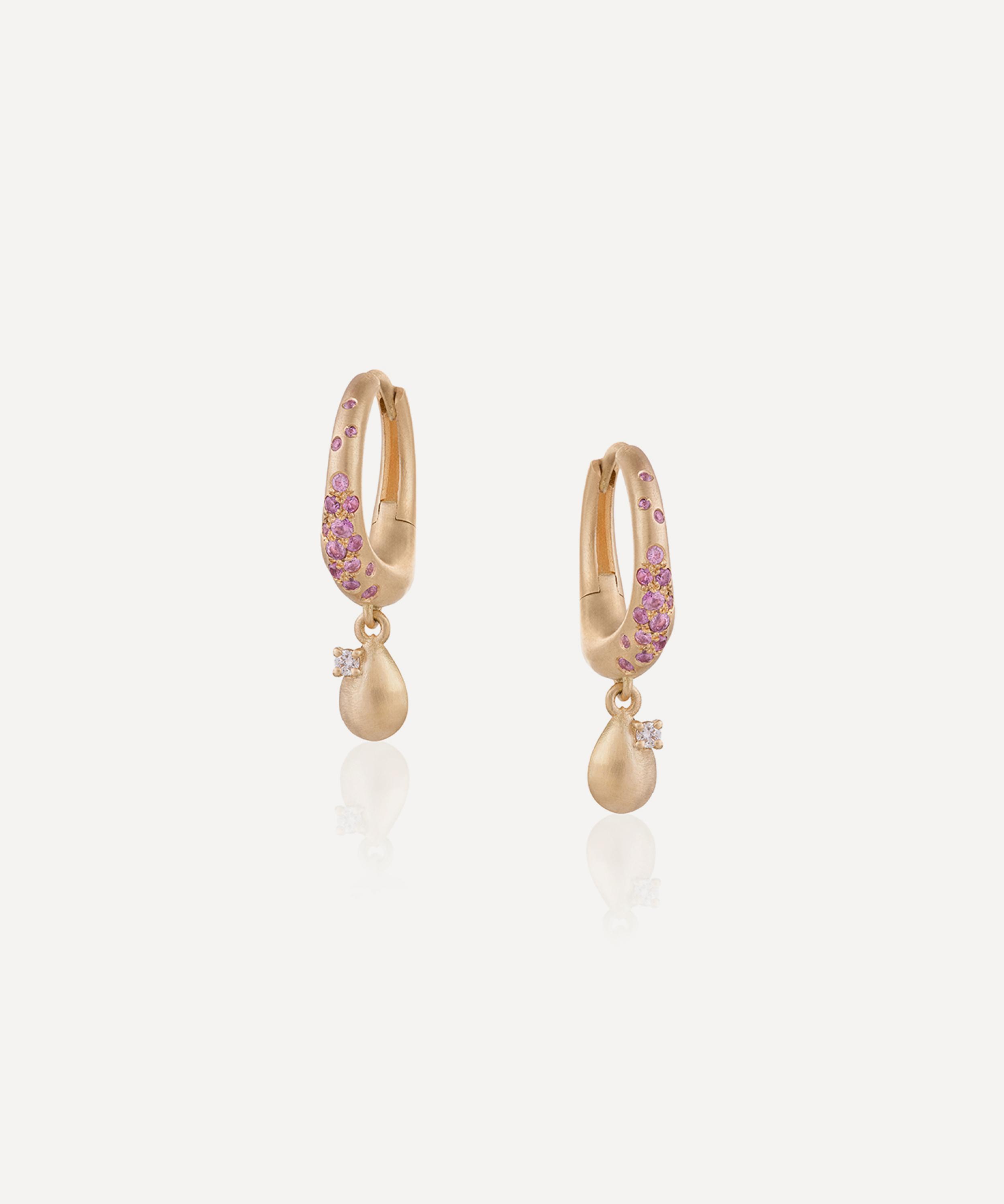 Nada Ghazal - 18ct Gold Wave of Joy Charm Drop Hoop Earrings image number 0