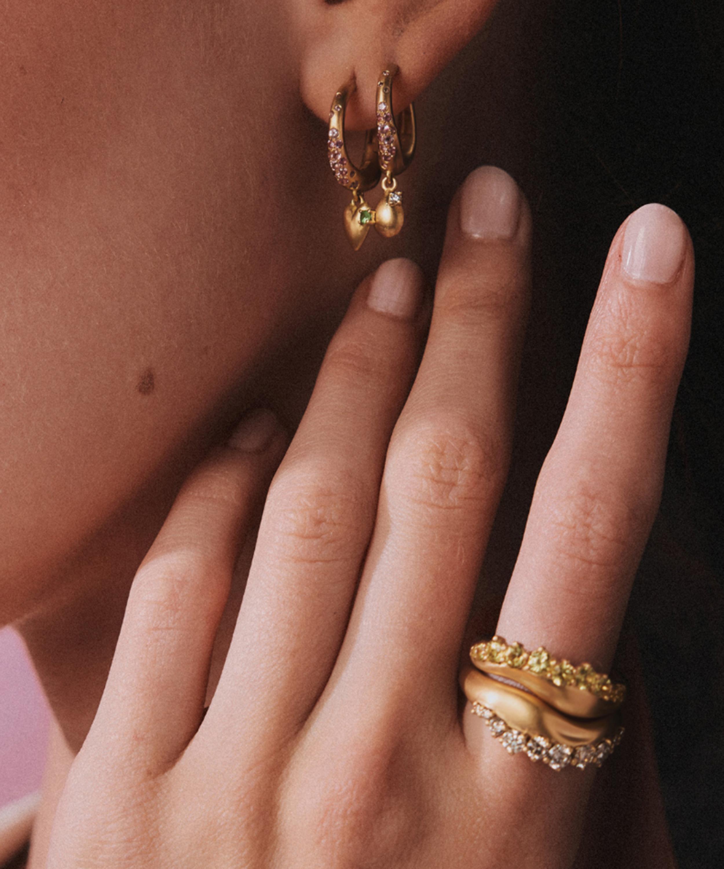 Nada Ghazal - 18ct Gold Wave of Joy Charm Drop Hoop Earrings image number 1