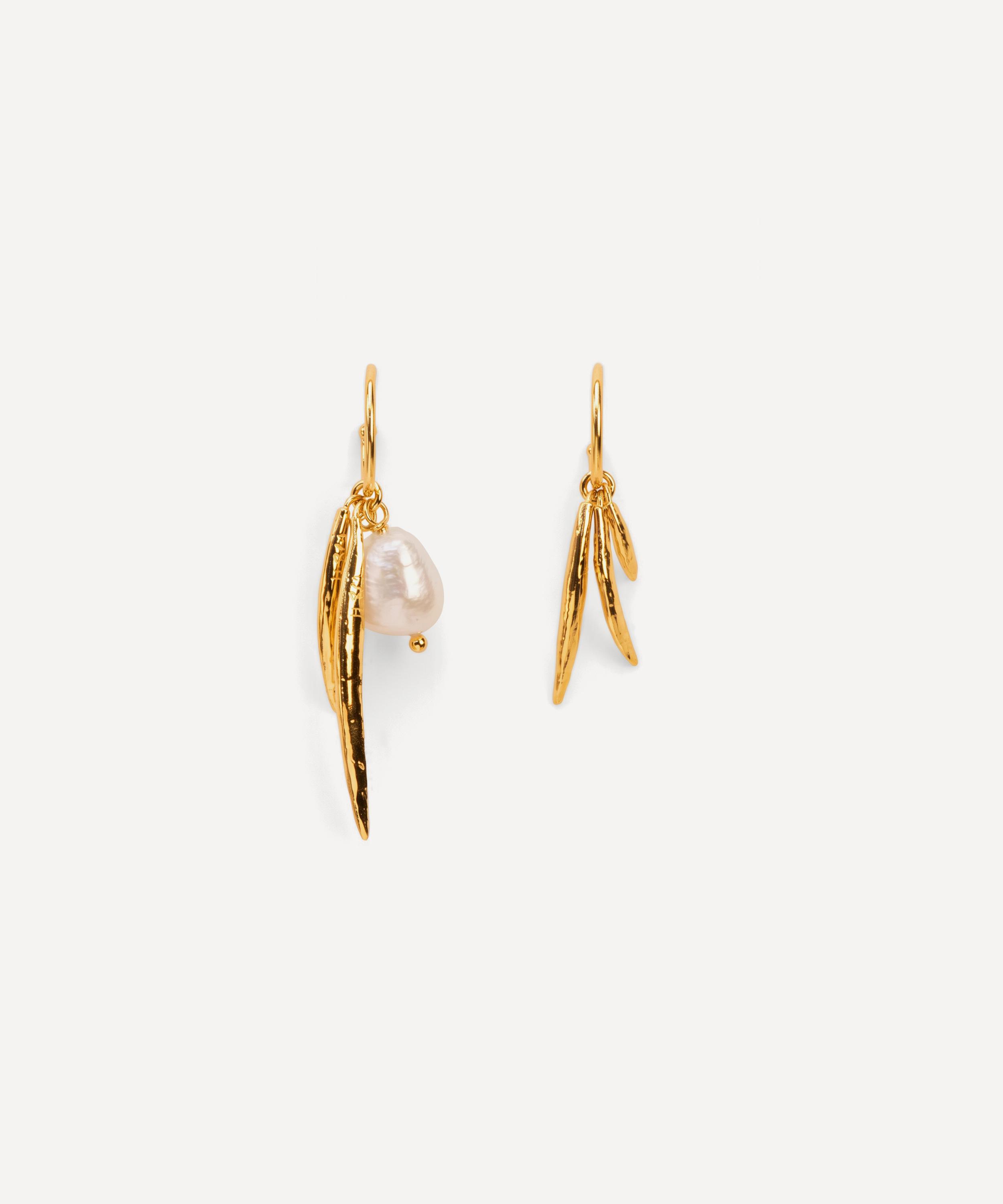 Wouters & Hendrix - Gold-Plated Silver Asymmetric Leaf and Pearl Hoop Earrings image number 0