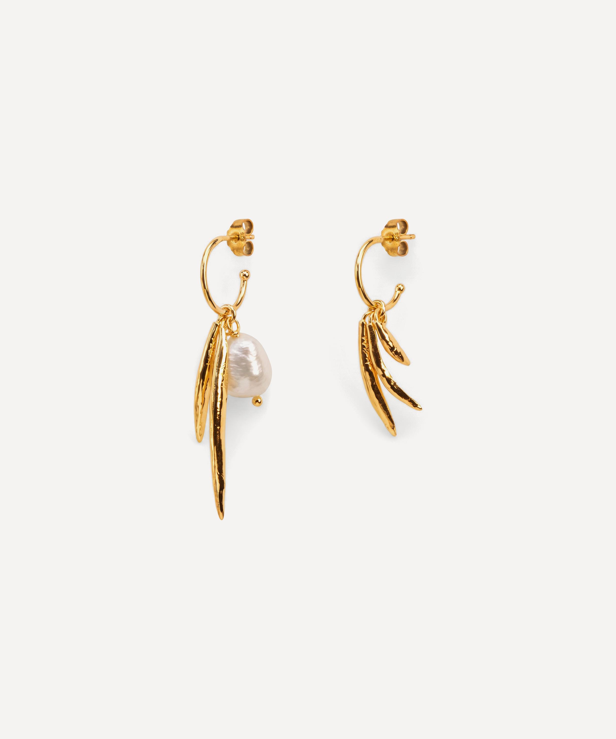 Wouters & Hendrix - Gold-Plated Silver Asymmetric Leaf and Pearl Hoop Earrings image number 3