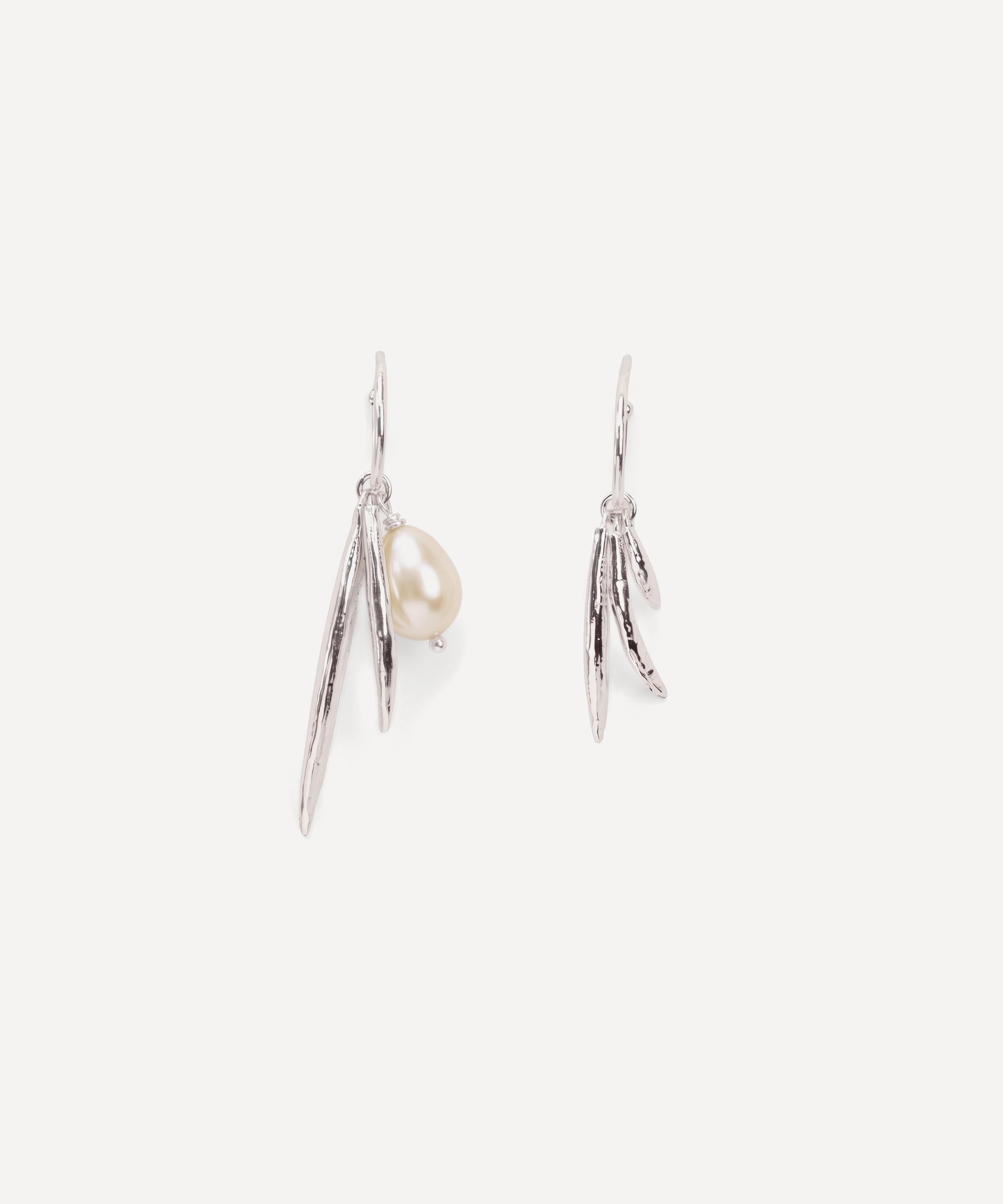 Wouters & Hendrix - Silver Asymmetric Leaf and Pearl Hoop Earrings image number 0