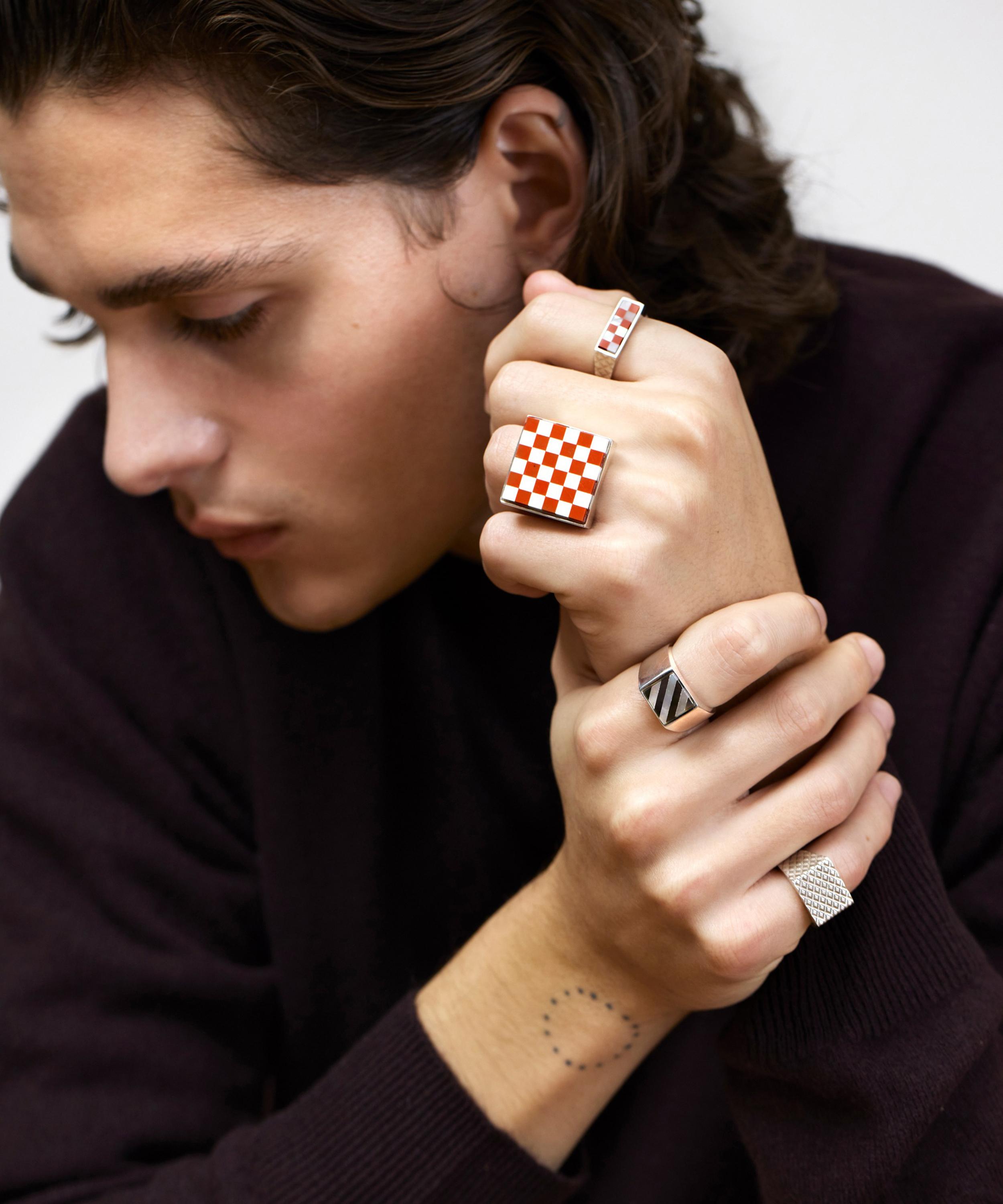 Wouters & Hendrix -  Silver Red Jasper and Mother-of-Pearl Mosaic Signet Ring image number 1