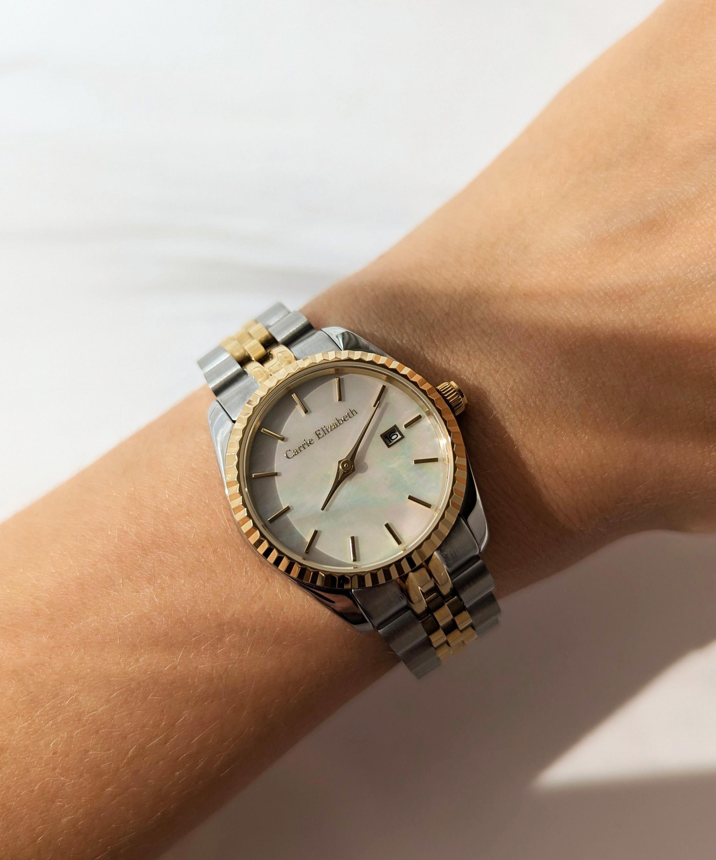 Carrie Elizabeth - 14ct Gold and Silver Luna Pearl Luxe Link Watch image number 4