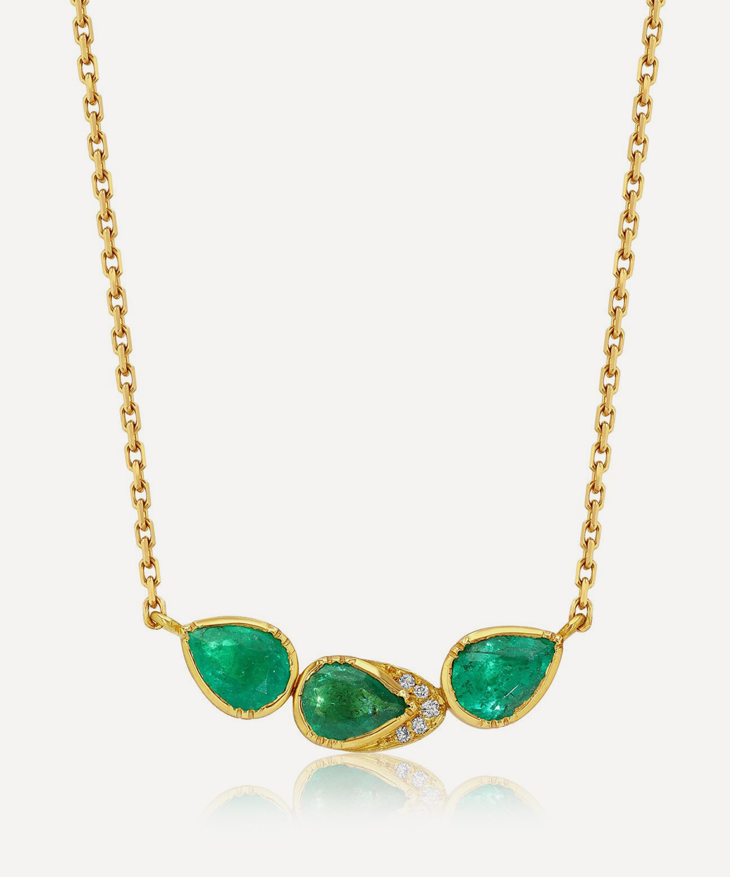 Brooke Gregson - 18ct Gold Triple Orbit Emerald Halo Pendant Necklace image number 0