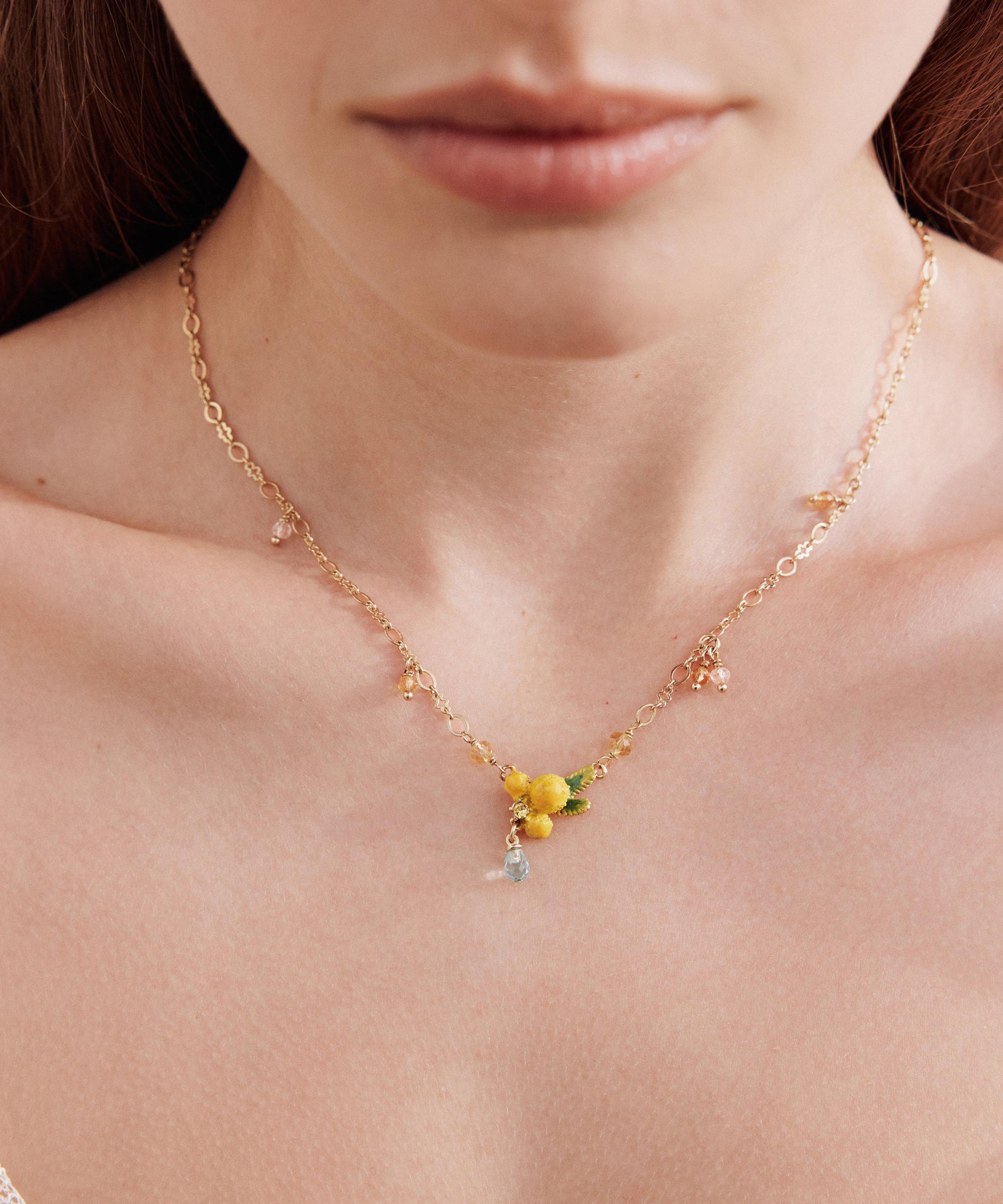 Les N&eacute;r&eacute;ides - Brass Mimosa Flower and Little Pearls Pendant Necklace image number 1