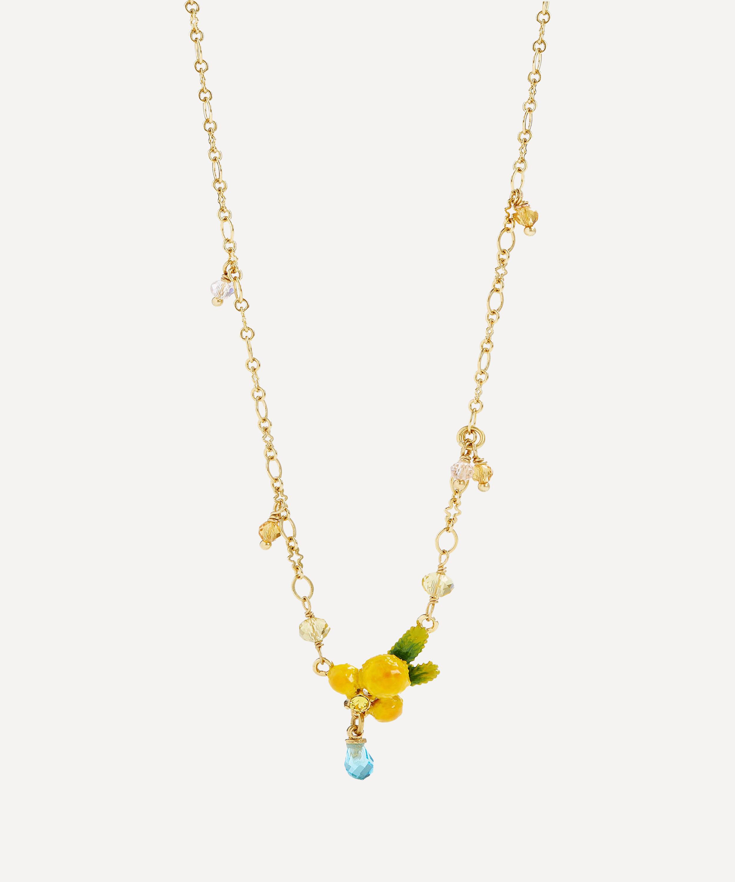 Les N&eacute;r&eacute;ides - Brass Mimosa Flower and Little Pearls Pendant Necklace image number 2