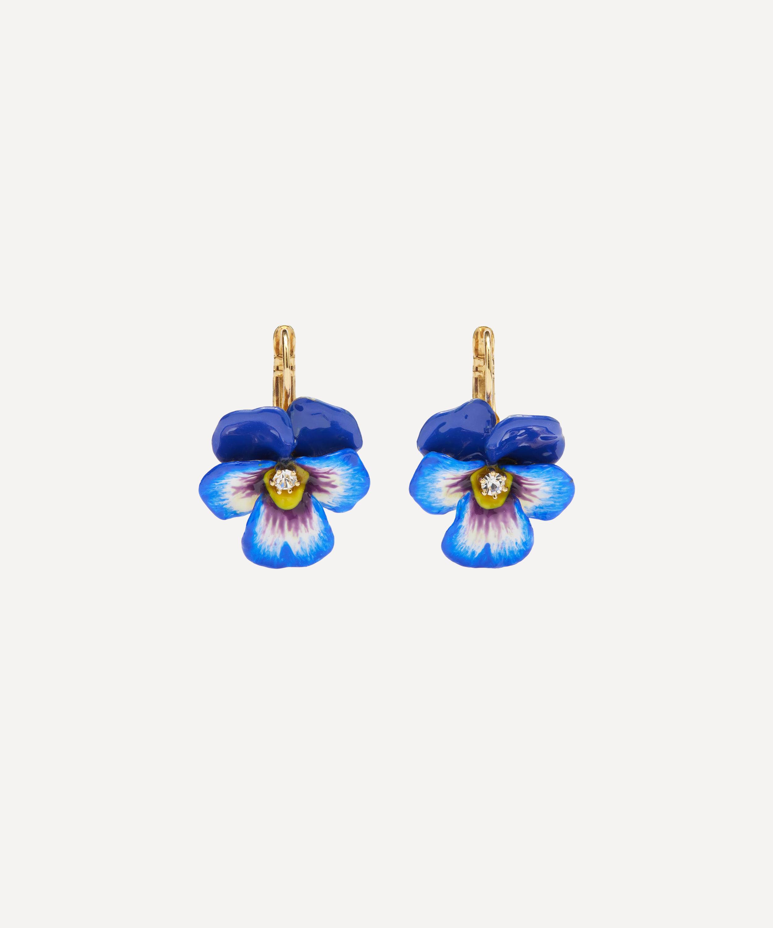 Les N&eacute;r&eacute;ides - Gold-Plated Blue Pansy and Faceted Crystal Sleeper Earrings image number 0