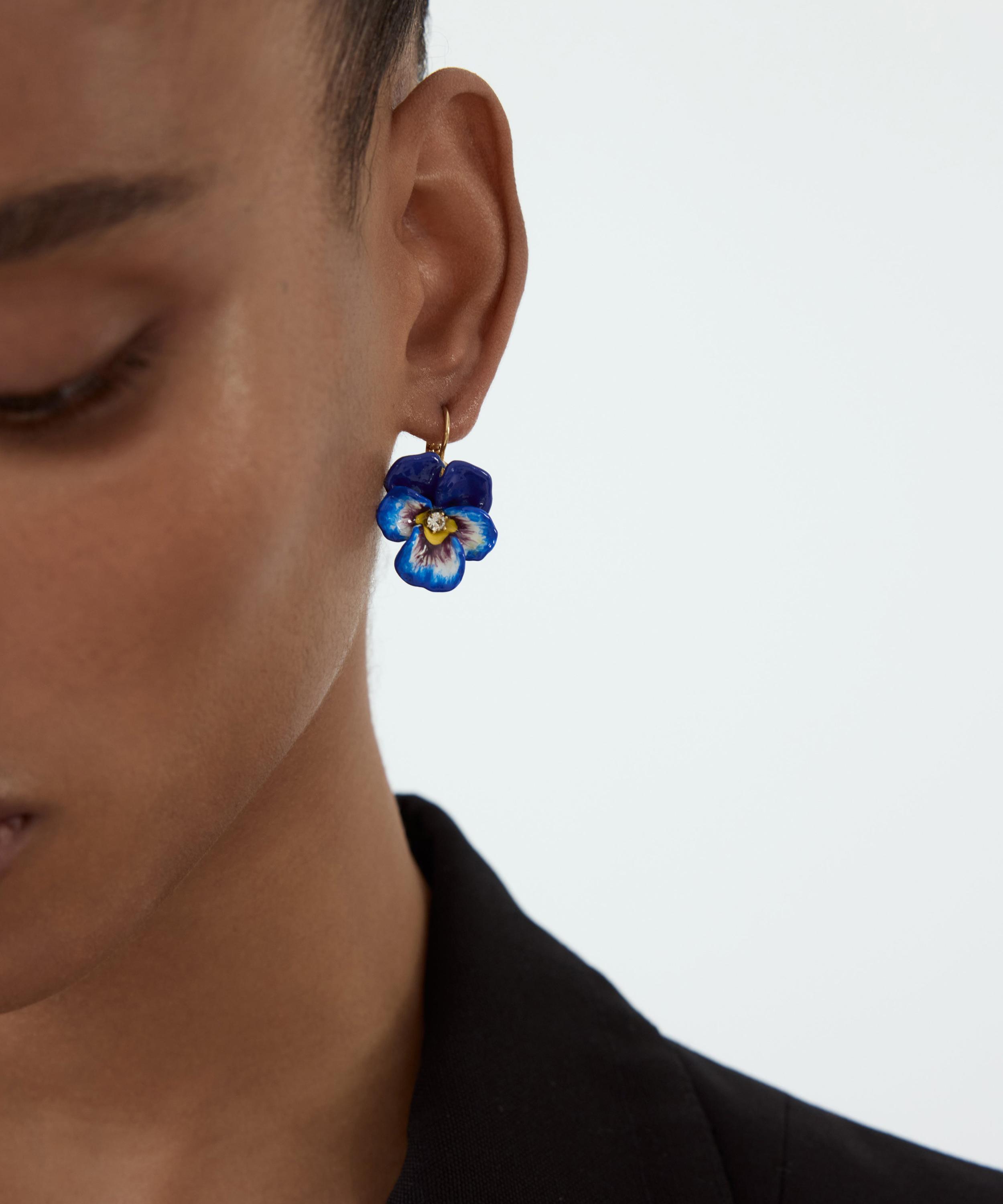 Les N&eacute;r&eacute;ides - Gold-Plated Blue Pansy and Faceted Crystal Sleeper Earrings image number 1