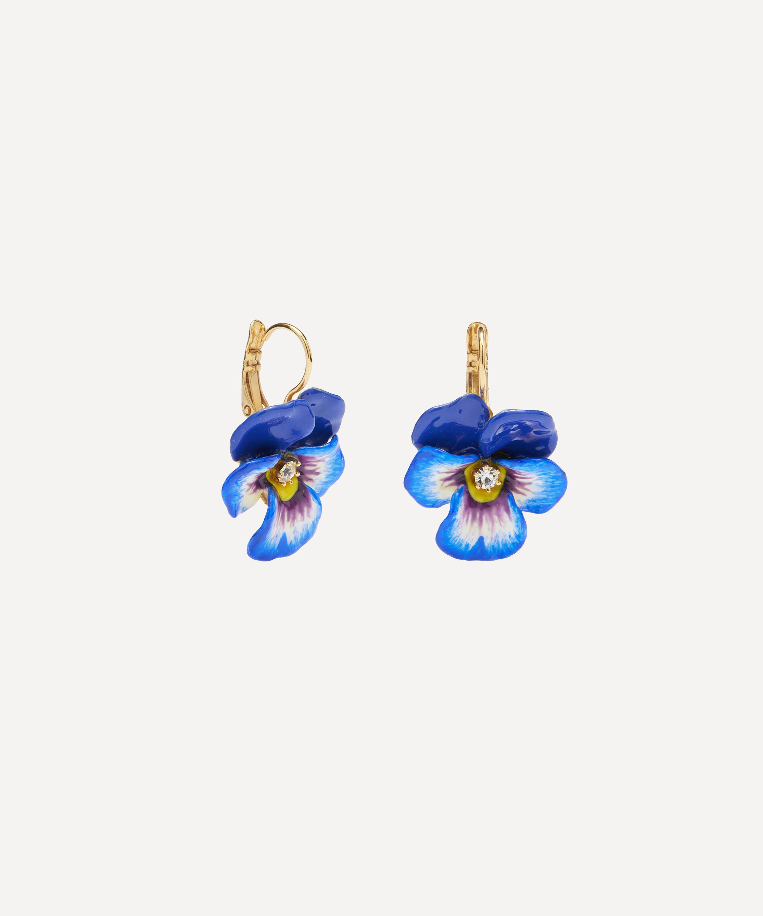Les N&eacute;r&eacute;ides - Gold-Plated Blue Pansy and Faceted Crystal Sleeper Earrings image number 2