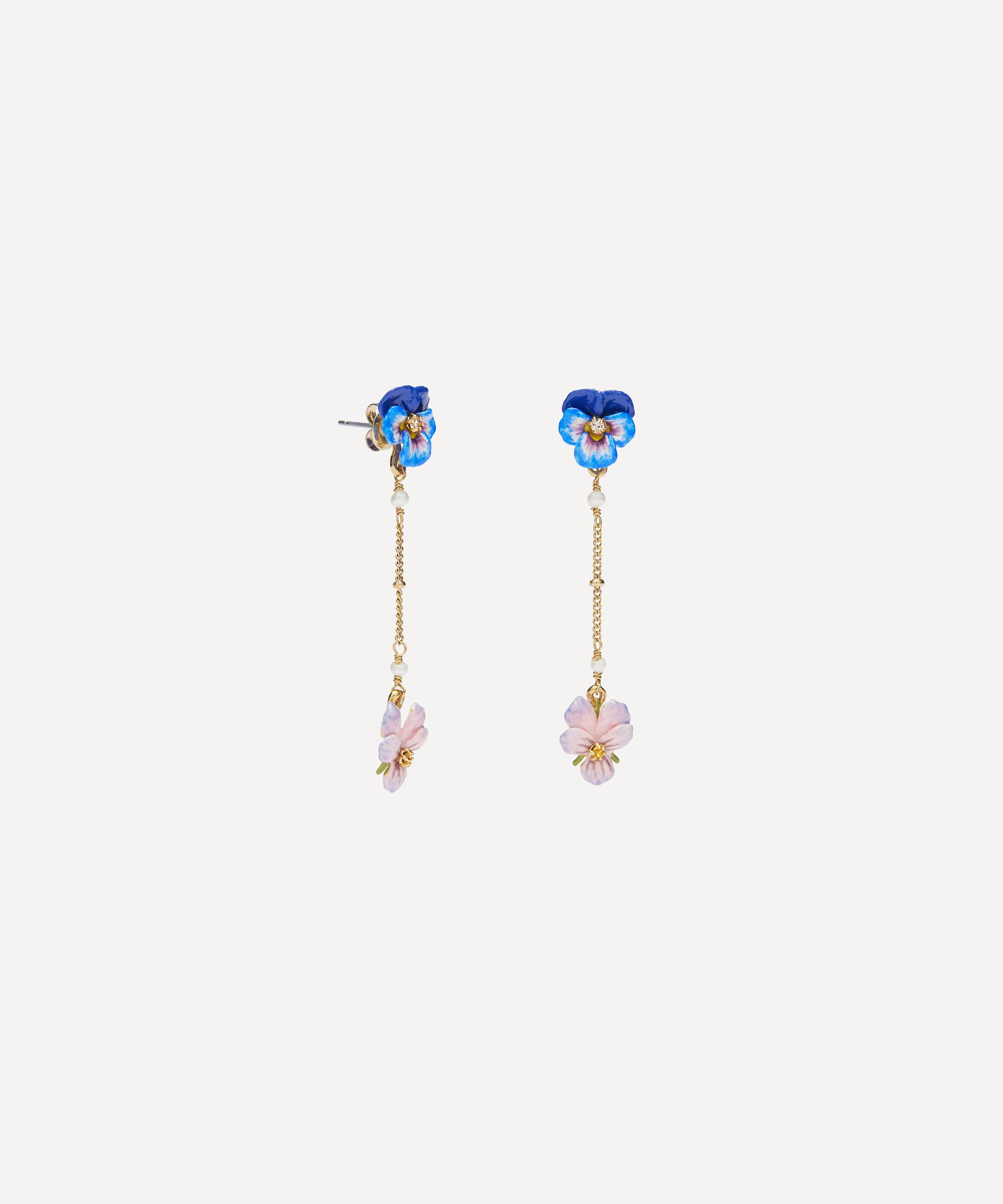 Les N&eacute;r&eacute;ides - Gold-Plated Pink Pansy and Freshwater Pearl Blue Pansy Drop Earrings image number 0
