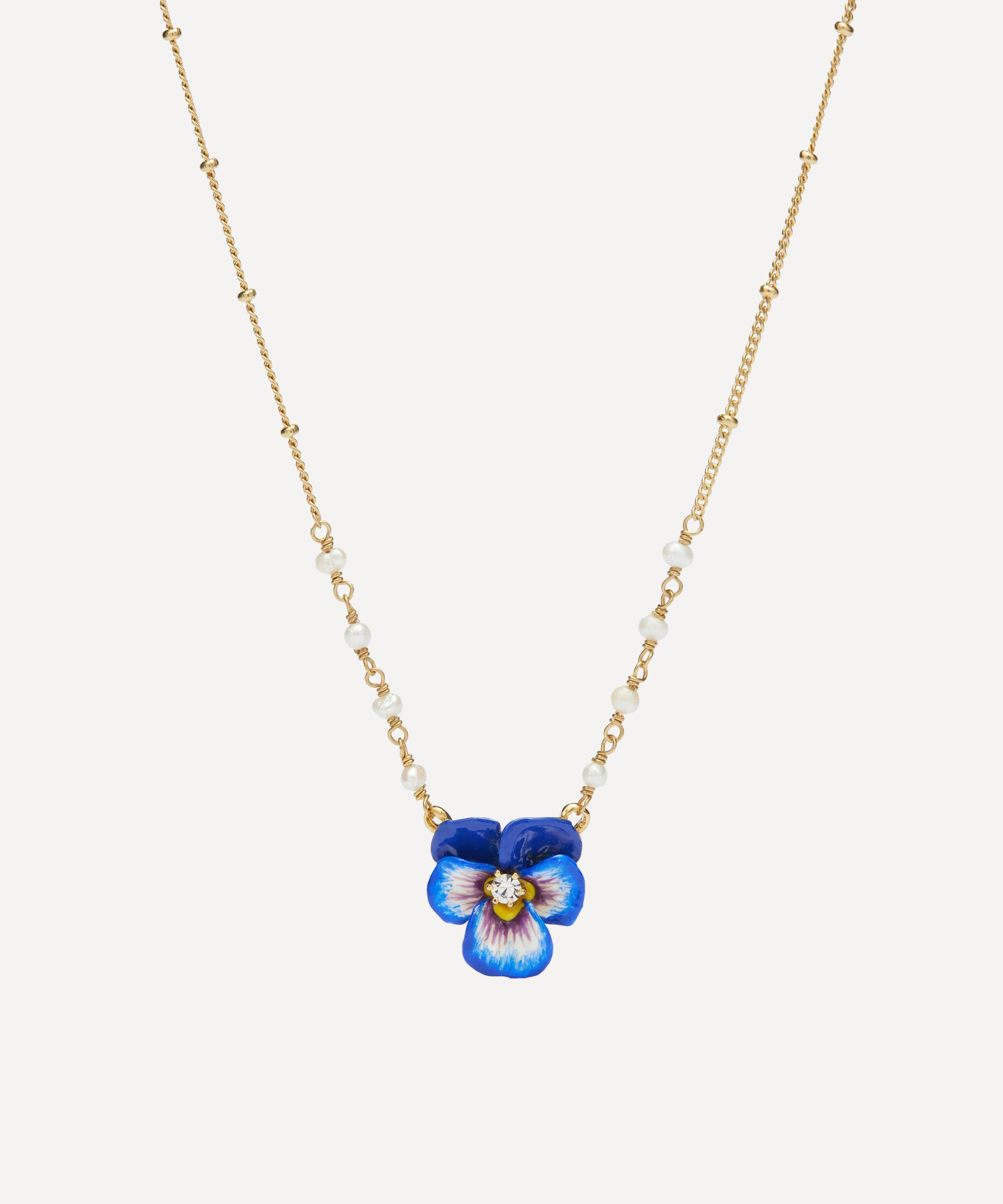 Les N&eacute;r&eacute;ides - Gold-Plated Blue Pansy and Faceted Crystal Necklace image number 0