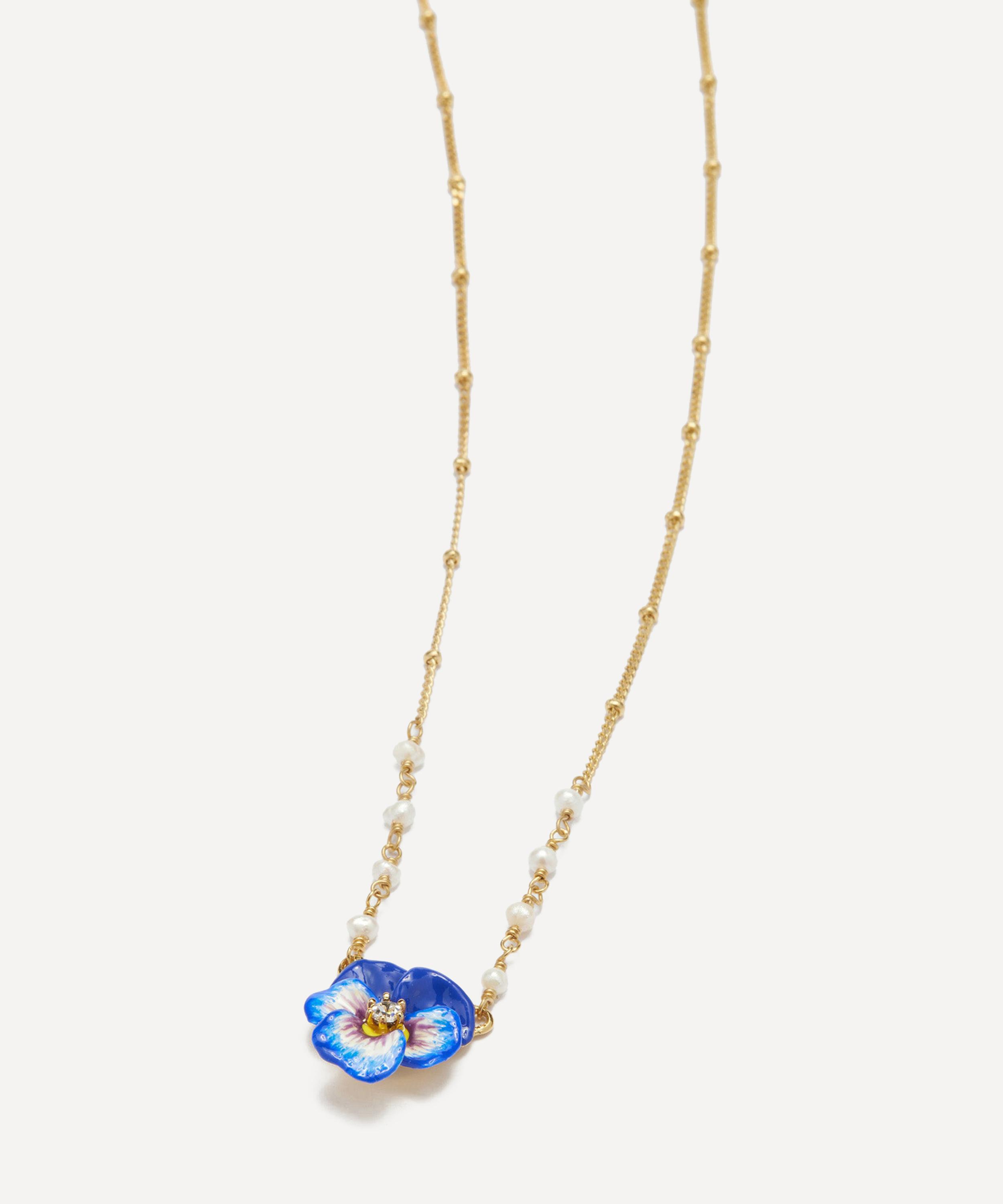 Les N&eacute;r&eacute;ides - Gold-Plated Blue Pansy and Faceted Crystal Necklace image number 1