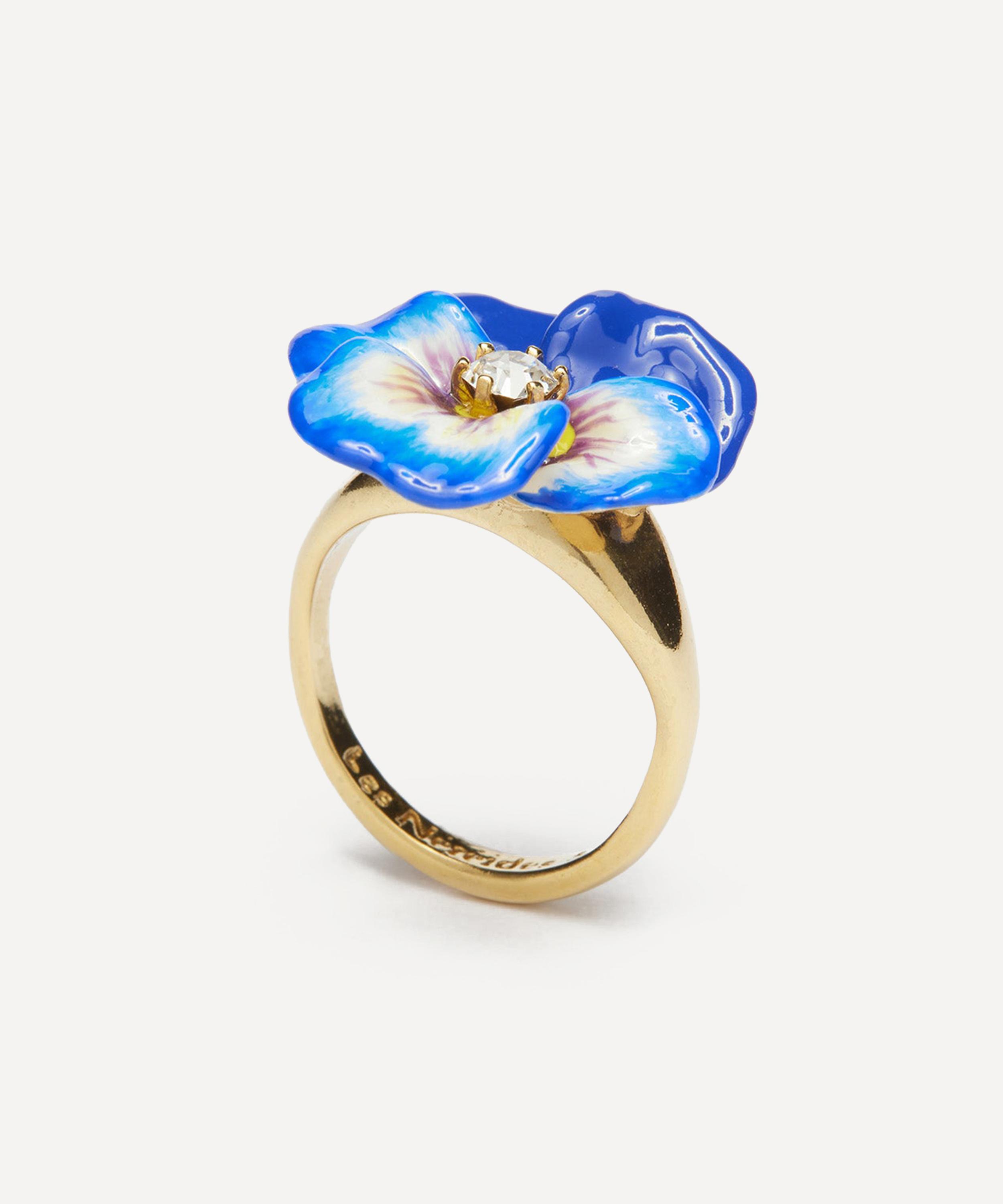 Les N&eacute;r&eacute;ides - Gold-Plated Blue Pansy and Faceted Crystal Cocktail Ring image number 0