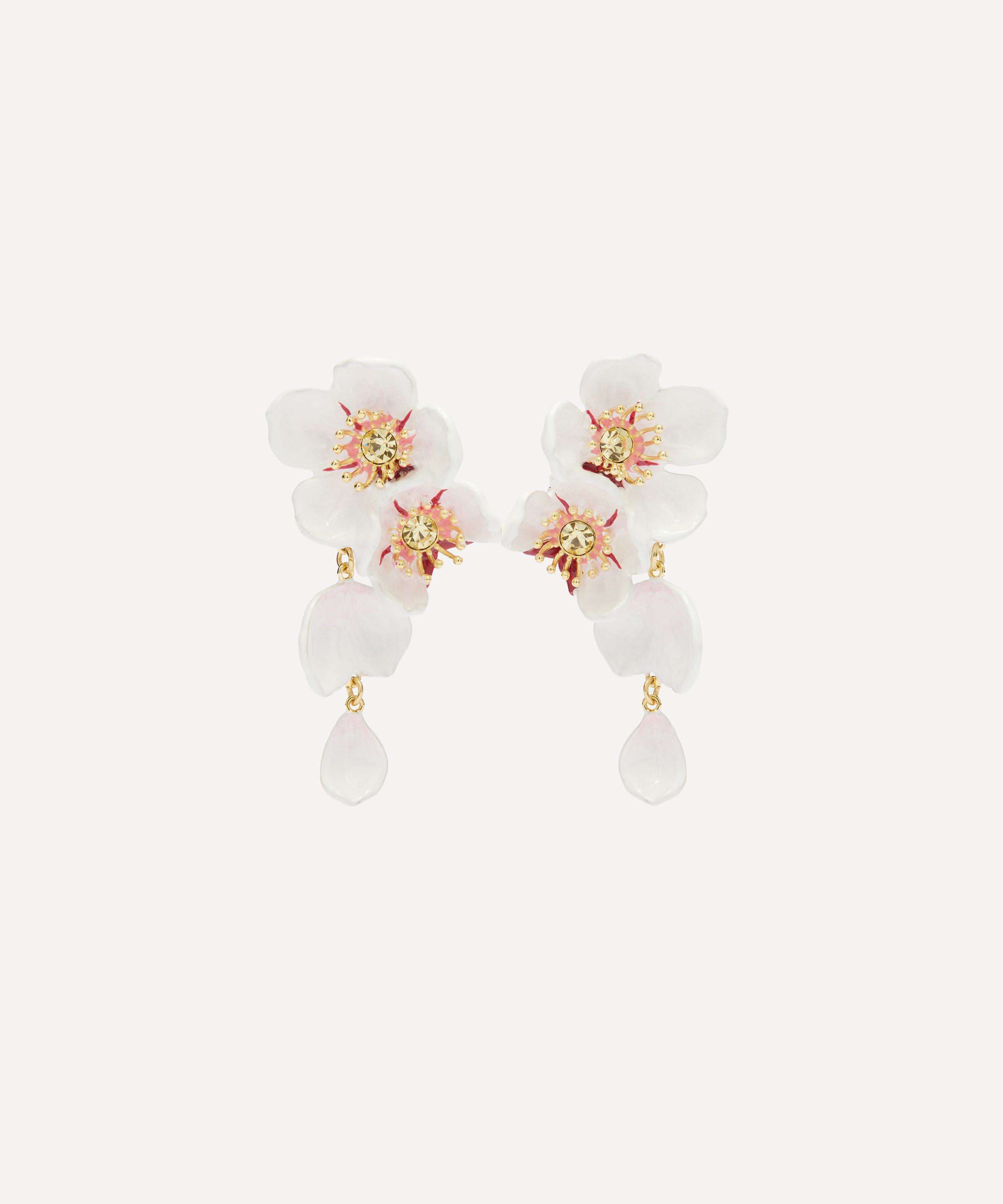Les N&eacute;r&eacute;ides - Gold-Plated White Cherry Blossom Dangling Drop Earrings image number 0