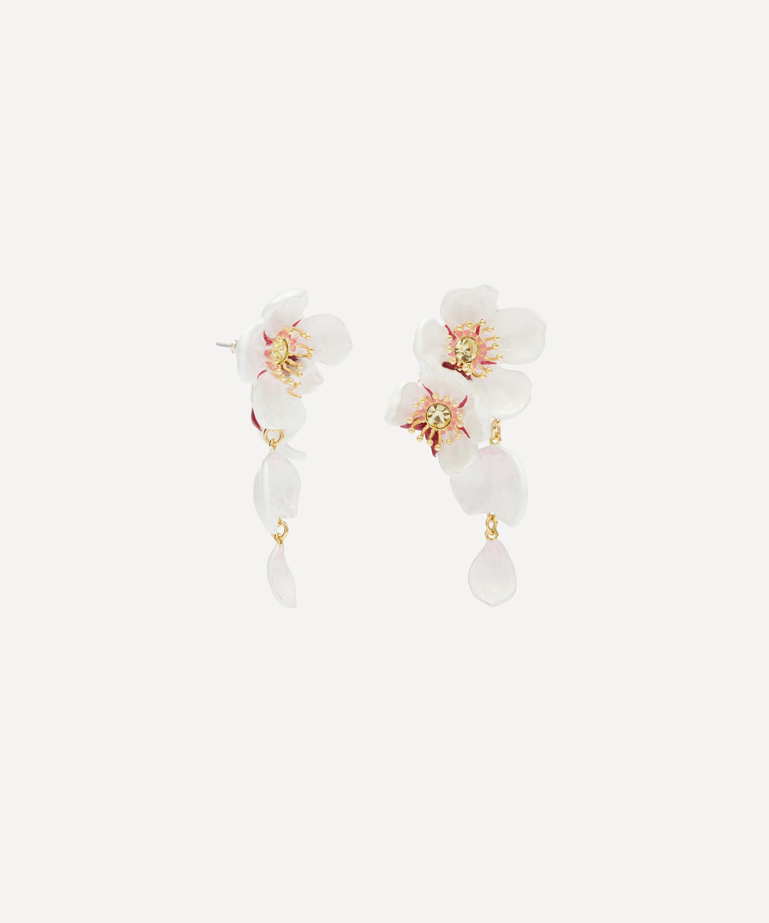 Les N&eacute;r&eacute;ides - Gold-Plated White Cherry Blossom Dangling Drop Earrings image number 1