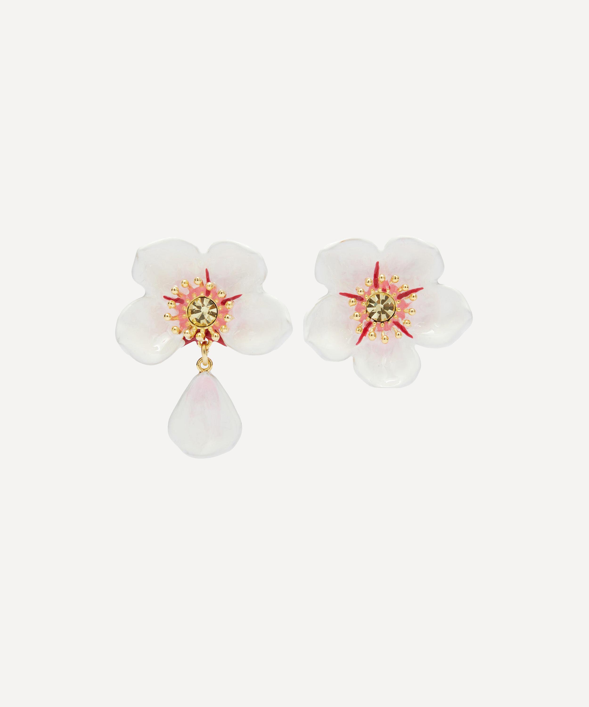 Les N&eacute;r&eacute;ides - Gold-Plated White Cherry Blossom Dangling Stud Earrings image number 0