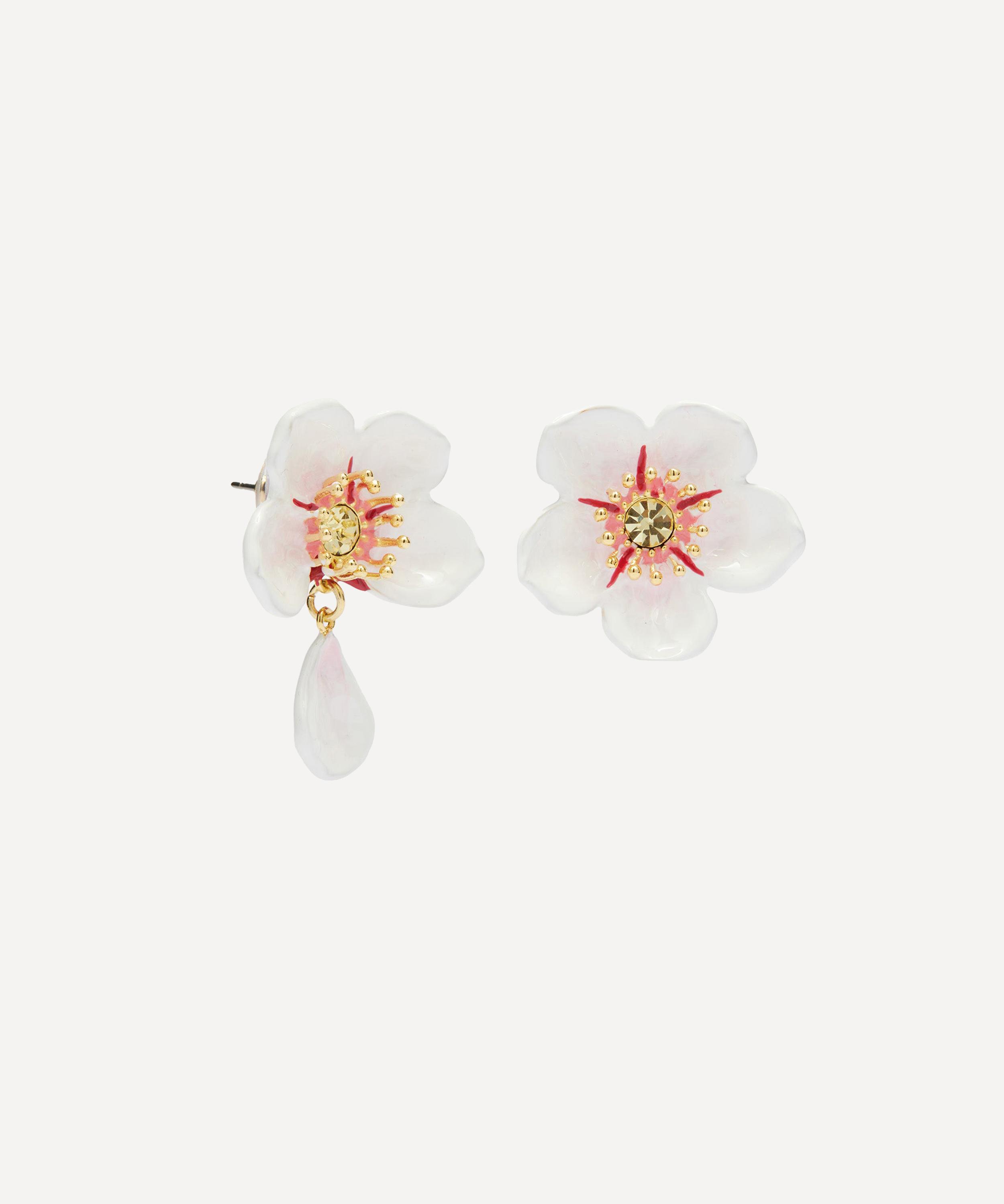 Les N&eacute;r&eacute;ides - Gold-Plated White Cherry Blossom Dangling Stud Earrings image number 1