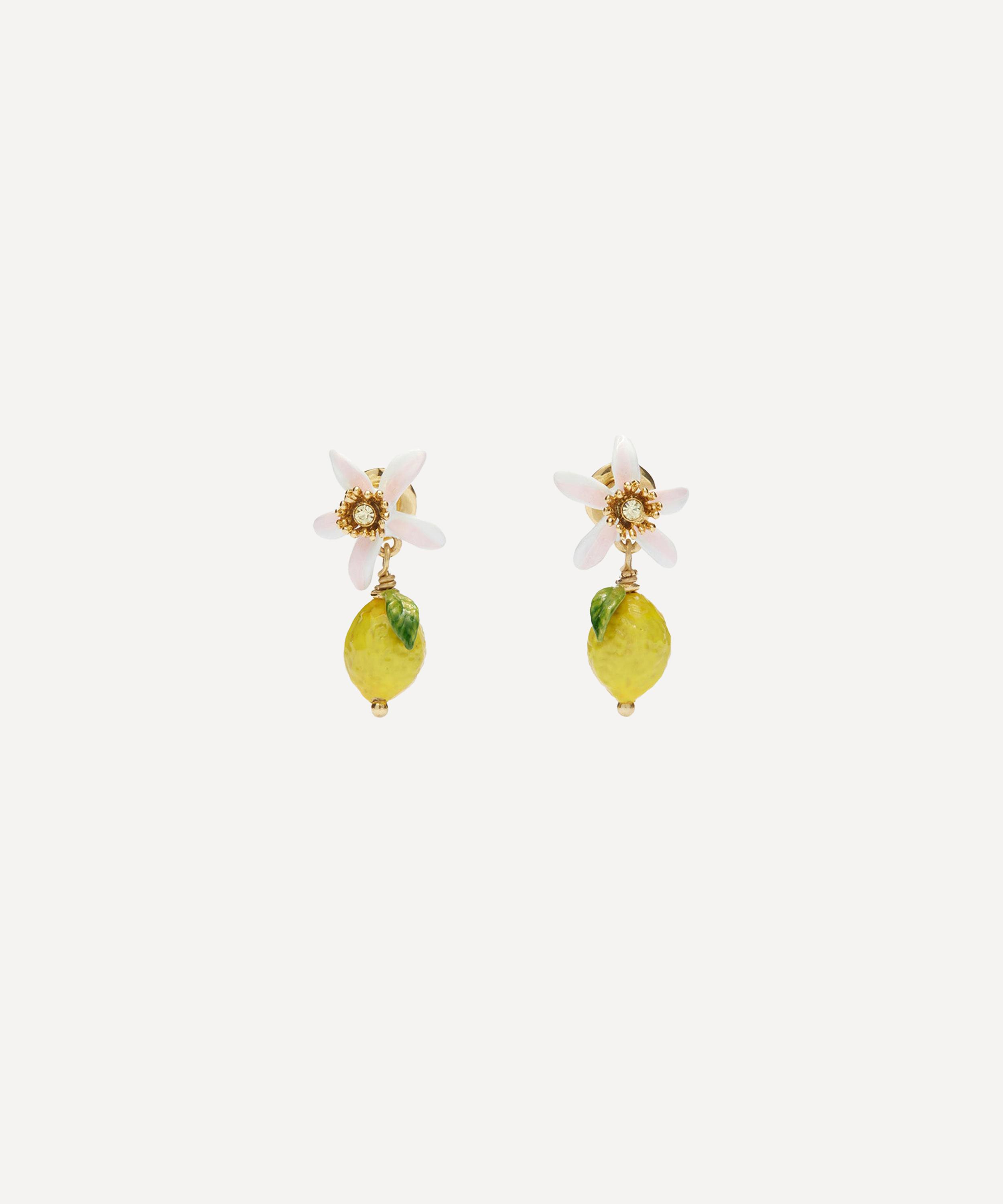Les N&eacute;r&eacute;ides - Gold-Plated Lemon and White Flower Drop Earrings image number 0
