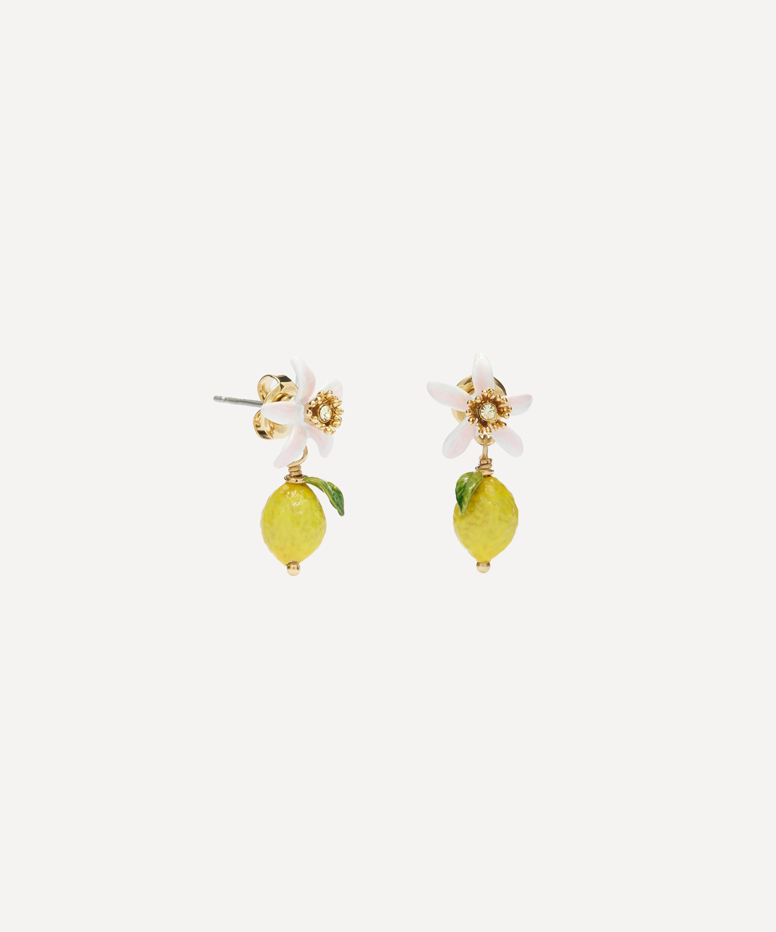 Les N&eacute;r&eacute;ides - Gold-Plated Lemon and White Flower Drop Earrings image number 2