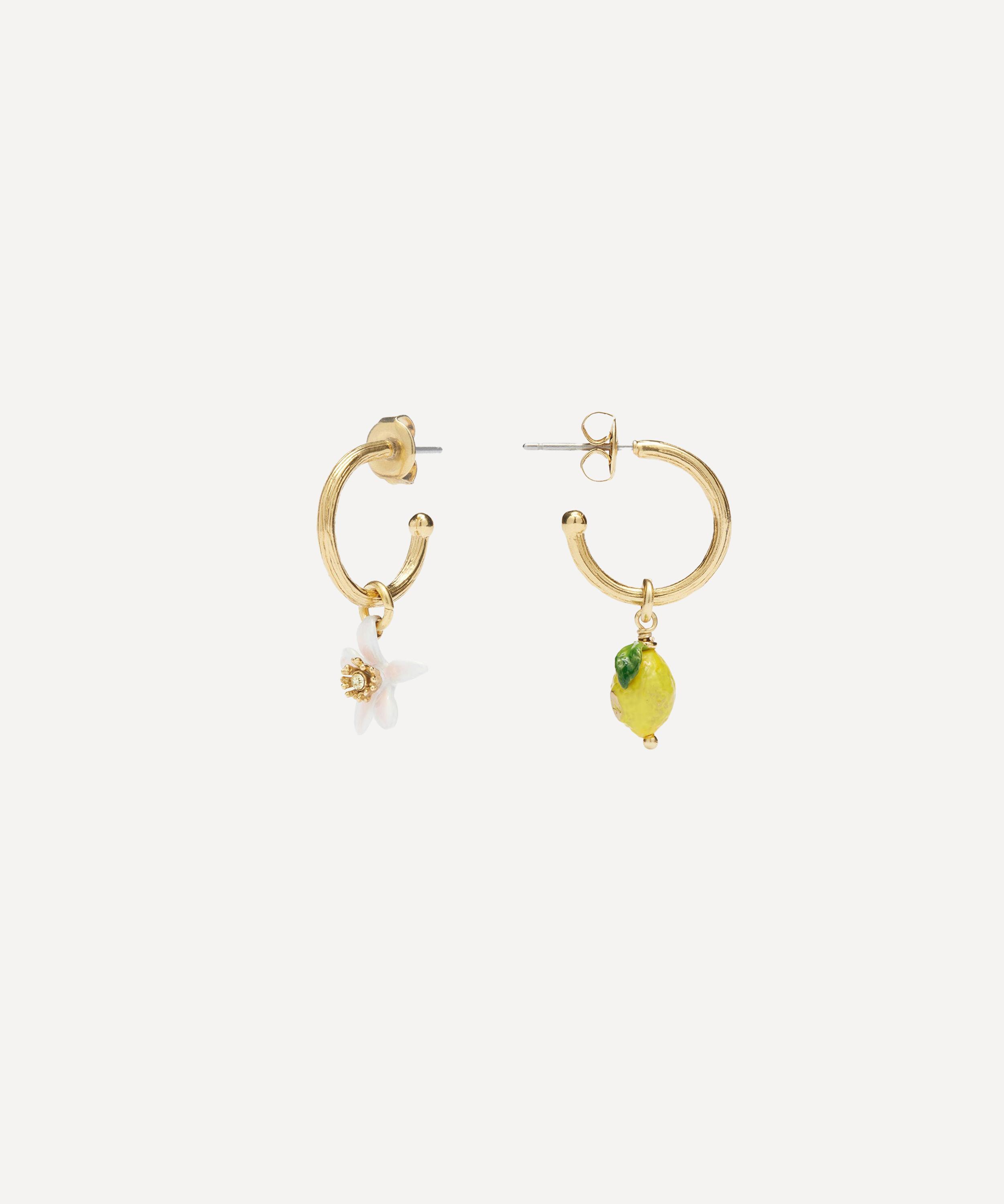 Les N&eacute;r&eacute;ides - Gold-Plated Lemon and Lemon White Blossom Drop Hoop Earrings image number 3