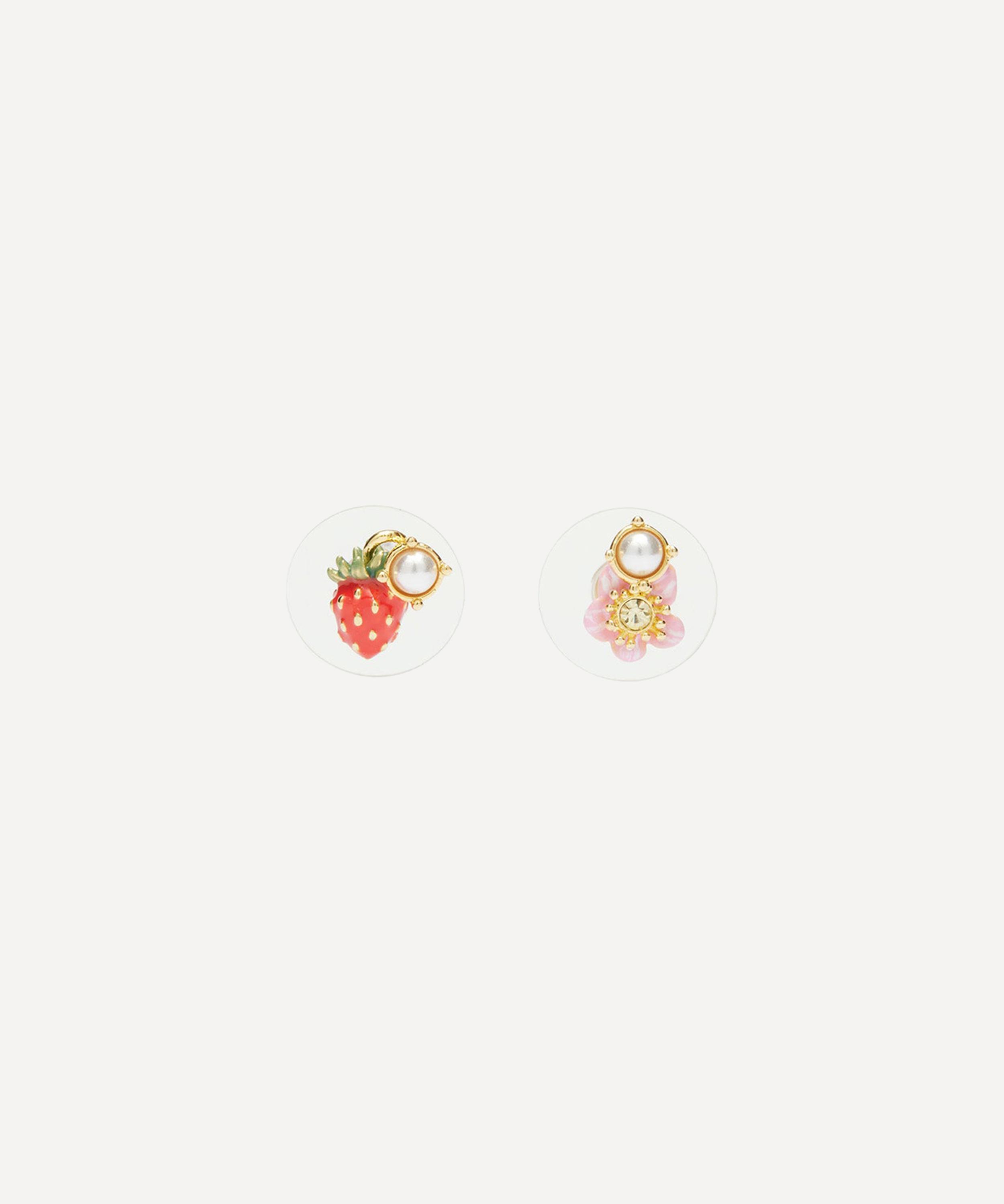 Les N&eacute;r&eacute;ides - Gold-Tone Asymmetrical Wild Strawberry and Pink Flower Stud Earrings image number 0
