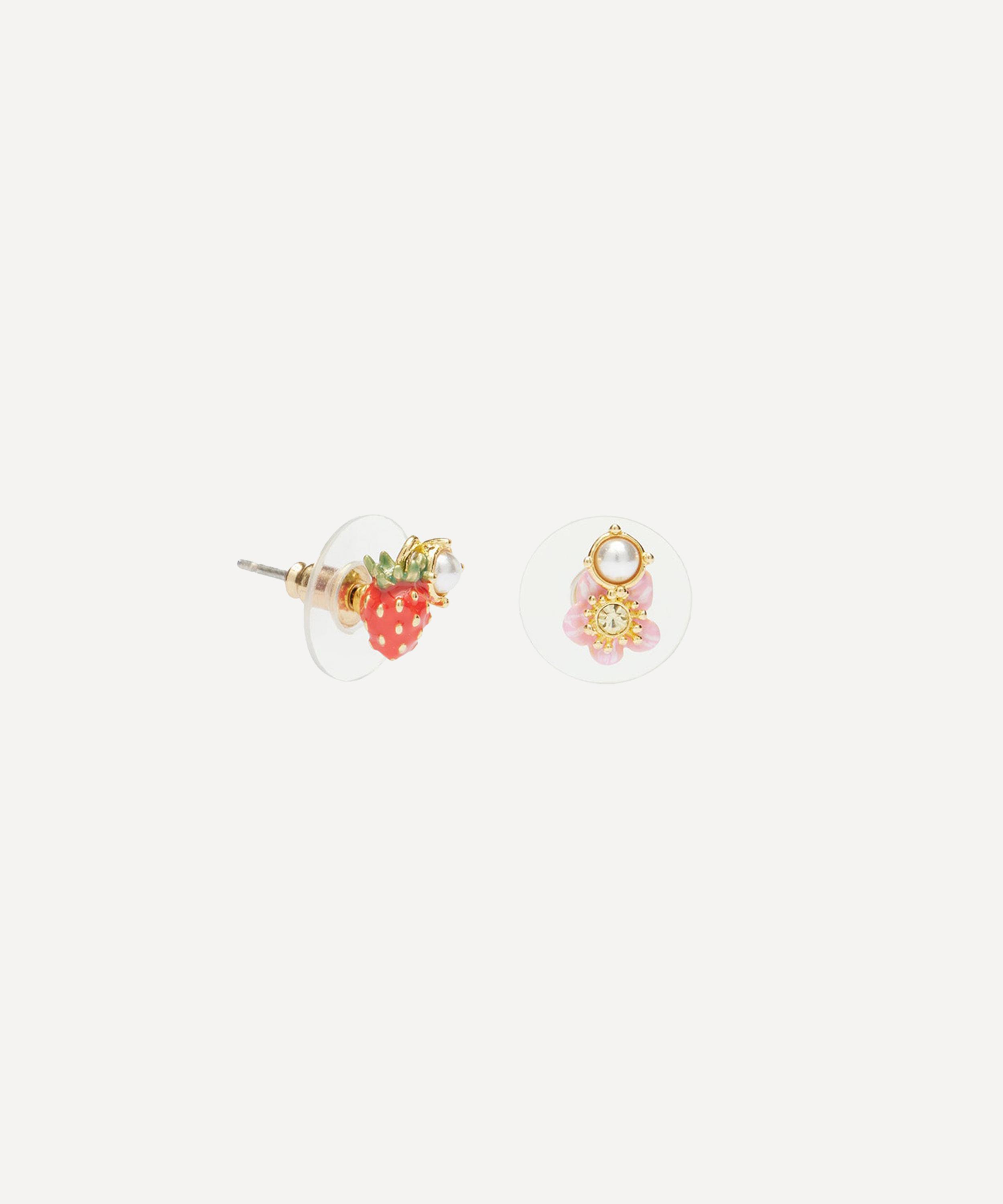 Les N&eacute;r&eacute;ides - Gold-Tone Asymmetrical Wild Strawberry and Pink Flower Stud Earrings image number 3