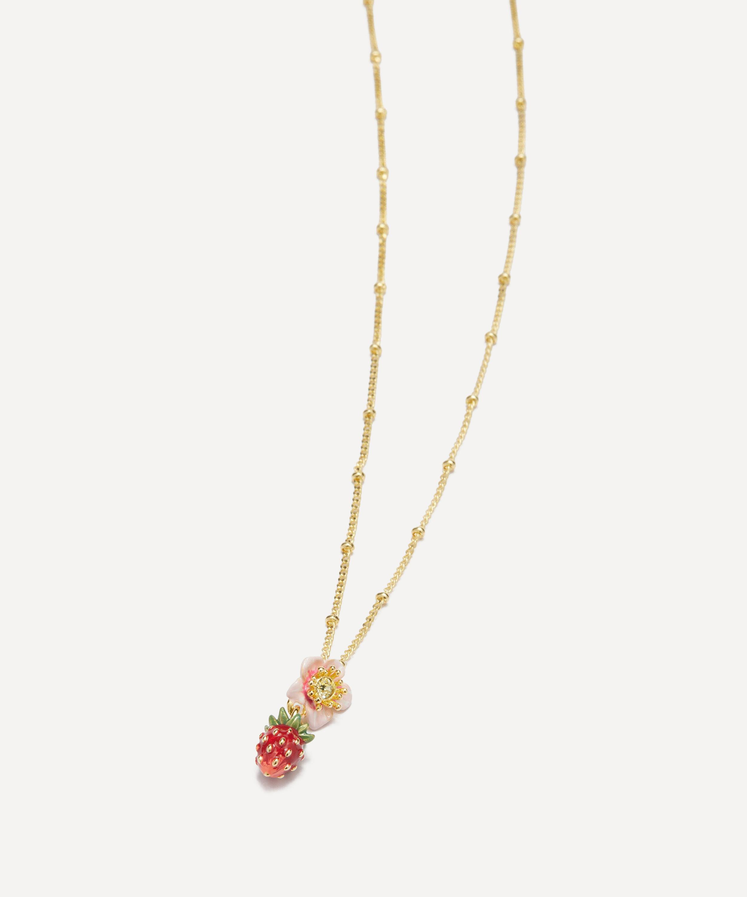 Les N&eacute;r&eacute;ides - Gold-Tone Wild Strawberry and Pink Flower Pendant Necklace image number 2