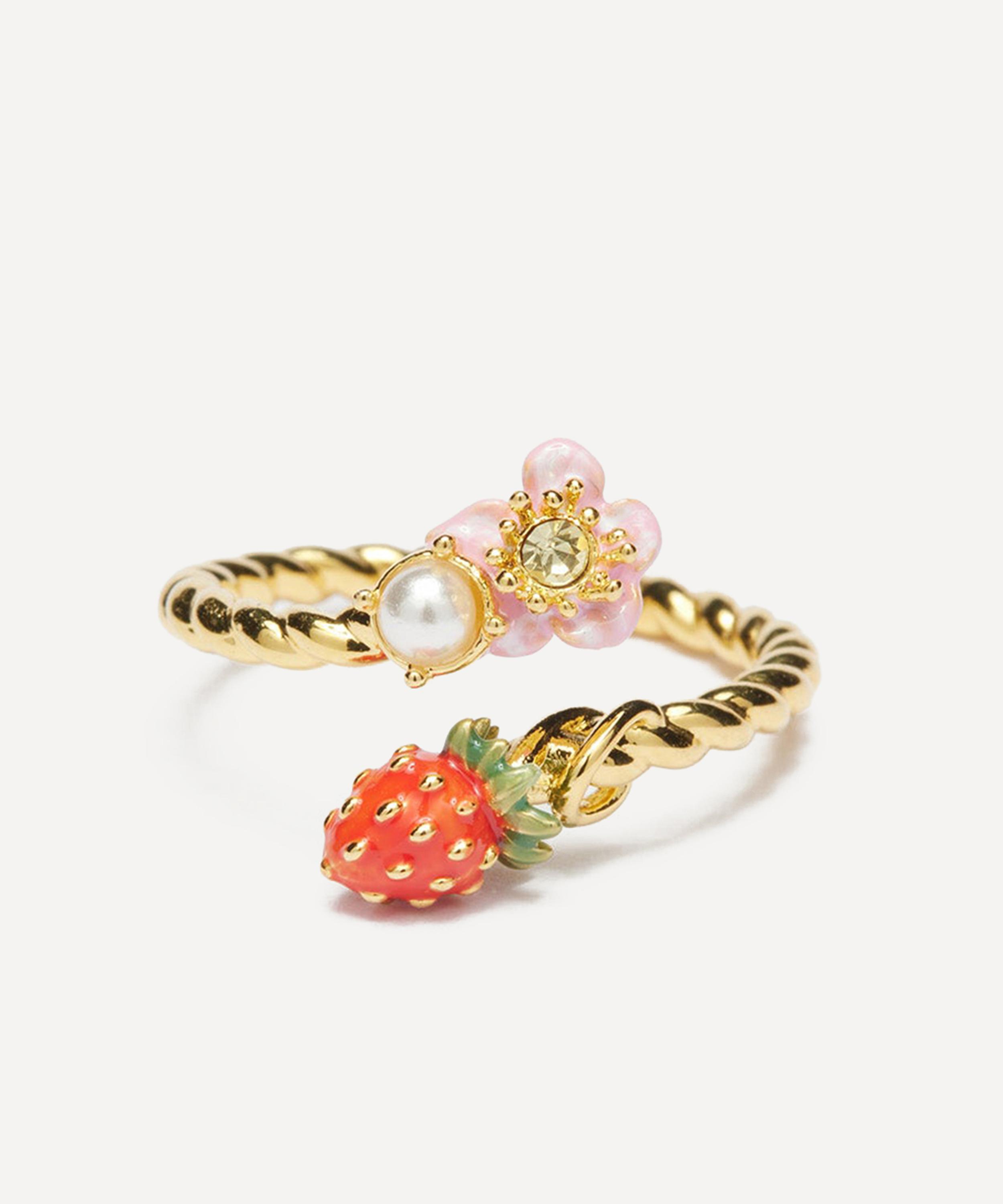 Les N&eacute;r&eacute;ides - Gold-Tone Wild Strawberry and Pink Flower Adjustable Ring image number 0