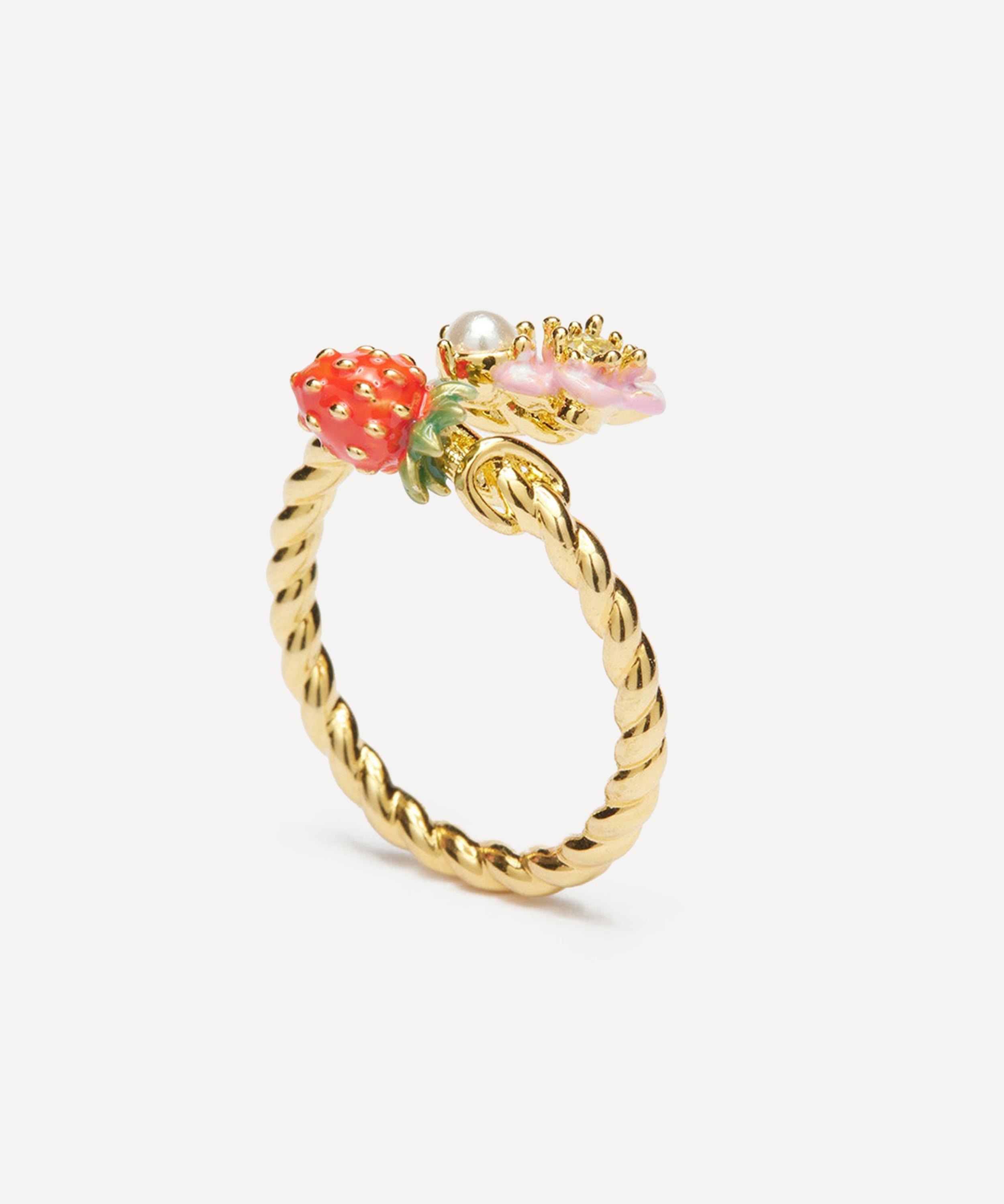 Les N&eacute;r&eacute;ides - Gold-Tone Wild Strawberry and Pink Flower Adjustable Ring image number 1