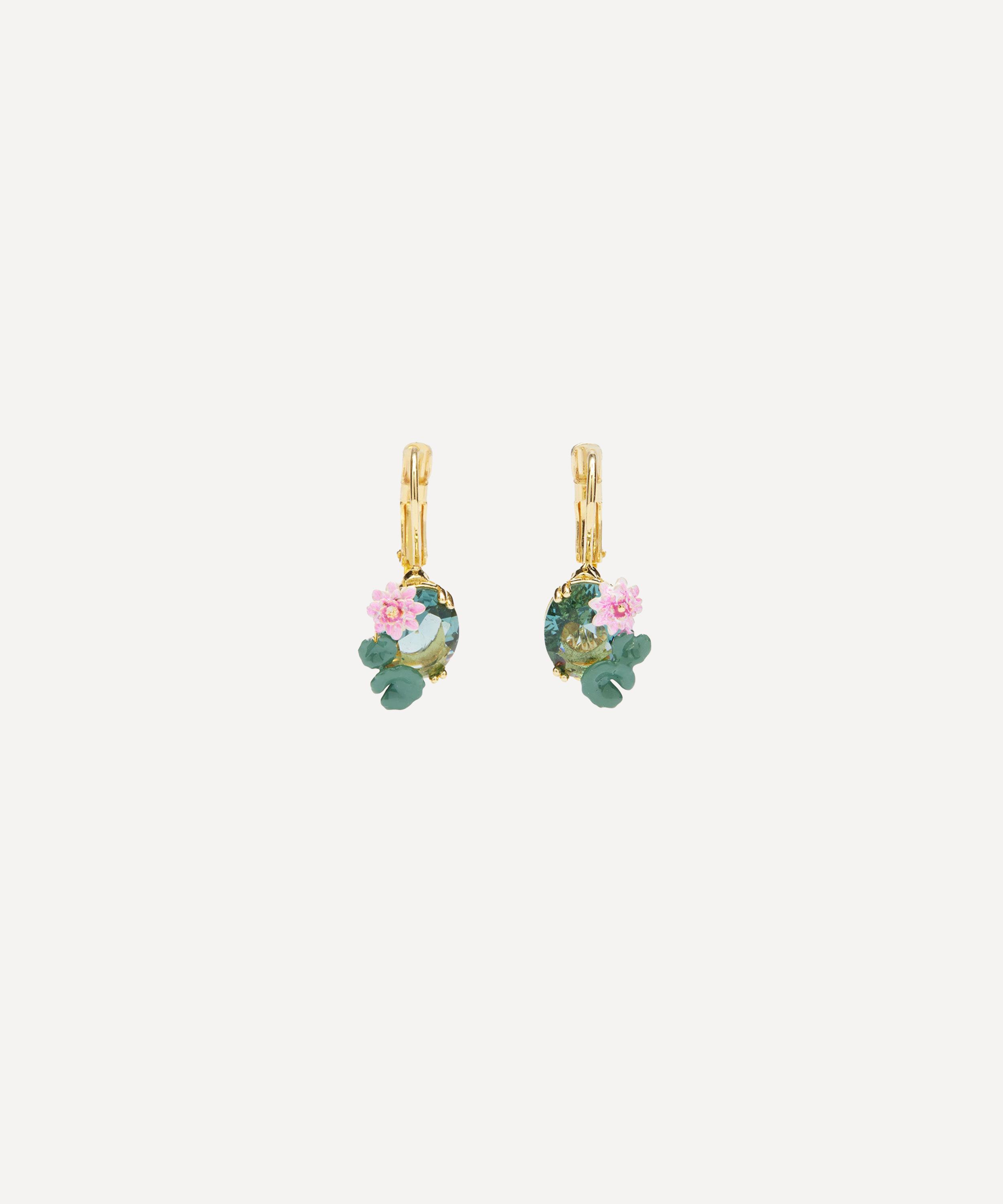 Les N&eacute;r&eacute;ides - Gold-Tone Lotus Flower and Blue Stone Sleeper Earrings image number 0