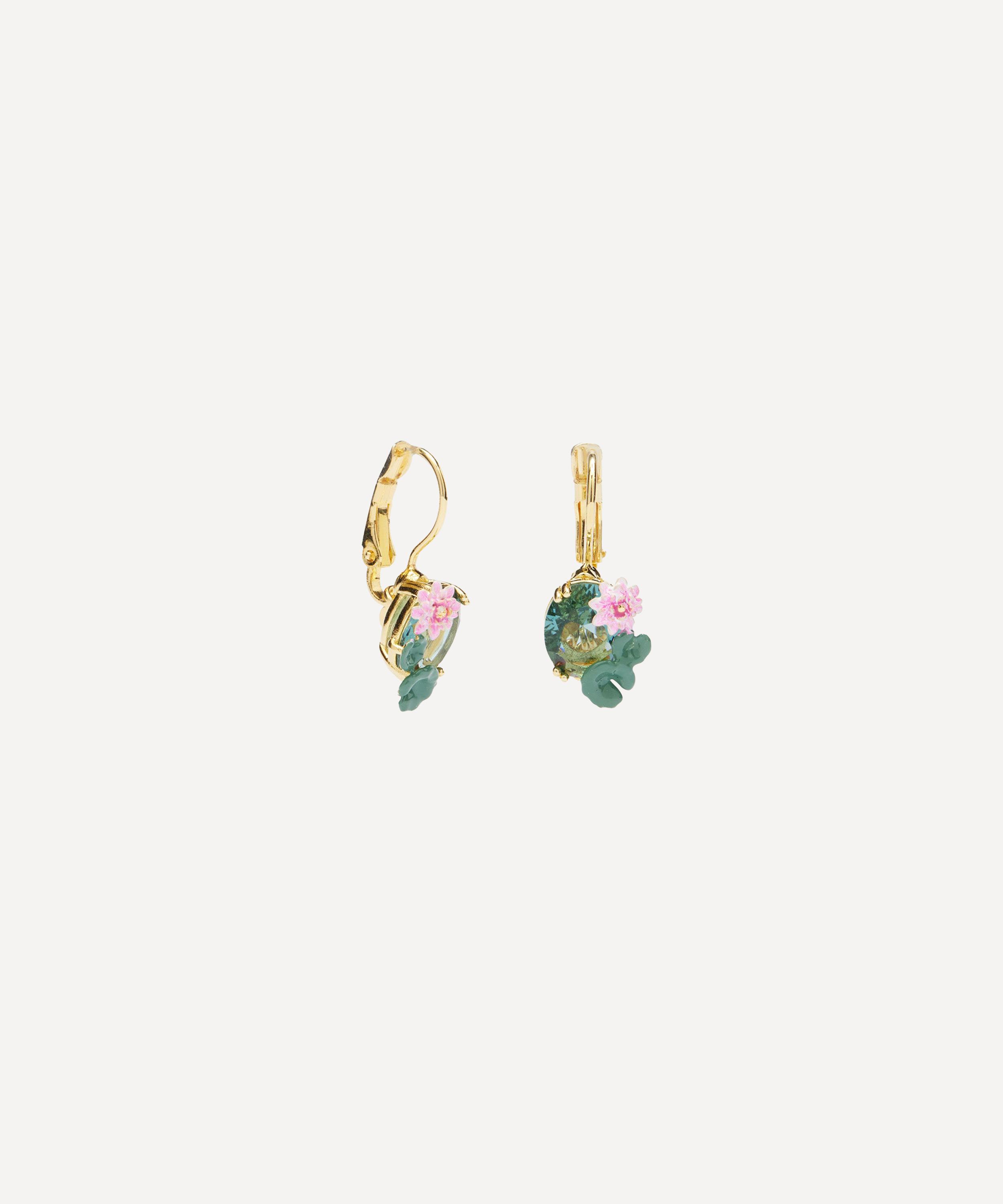 Les N&eacute;r&eacute;ides - Gold-Tone Lotus Flower and Blue Stone Sleeper Earrings image number 1