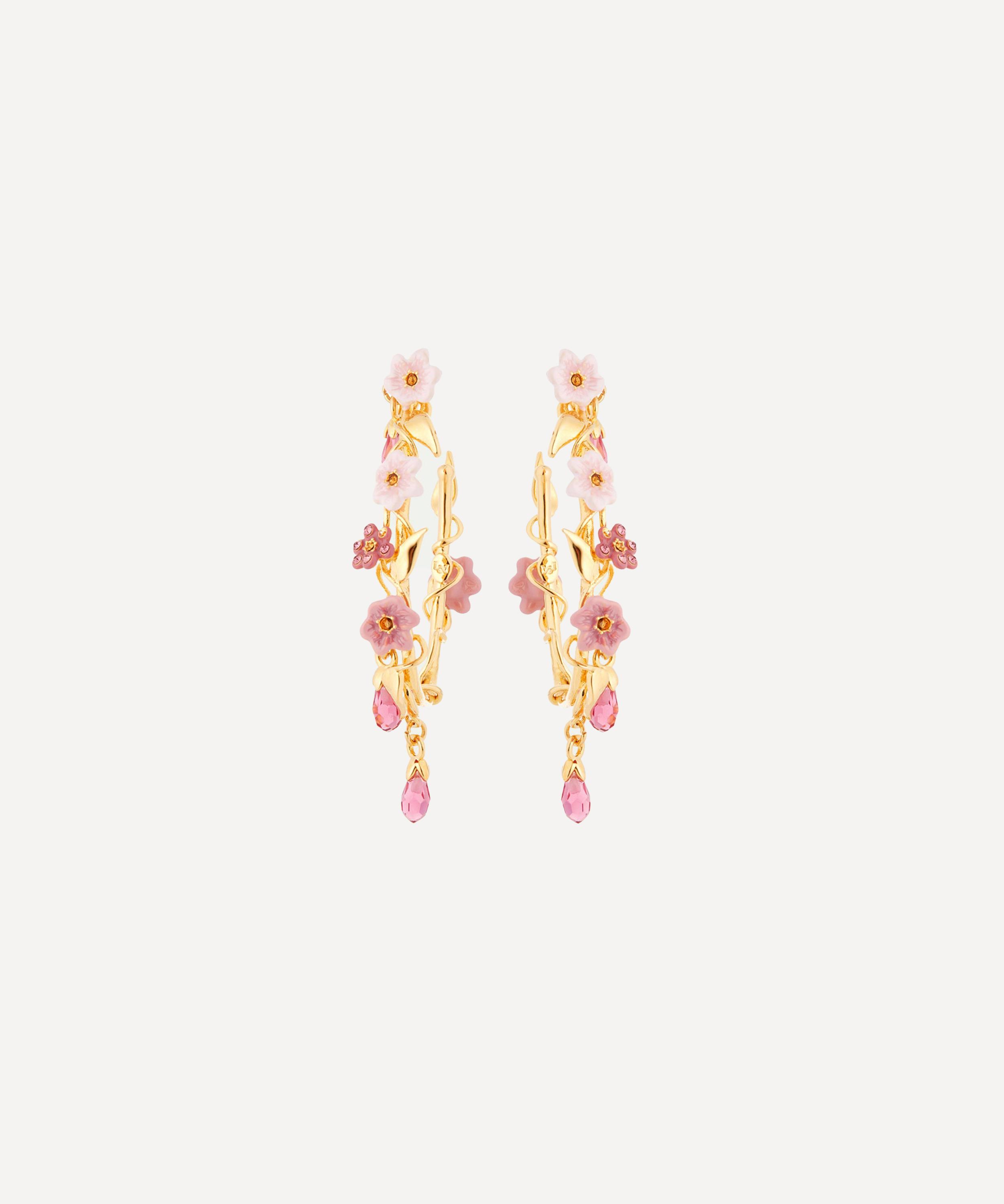 Les N&eacute;r&eacute;ides - Gold-Tone Pink Jasmine Flower Hoop Earrings image number 0