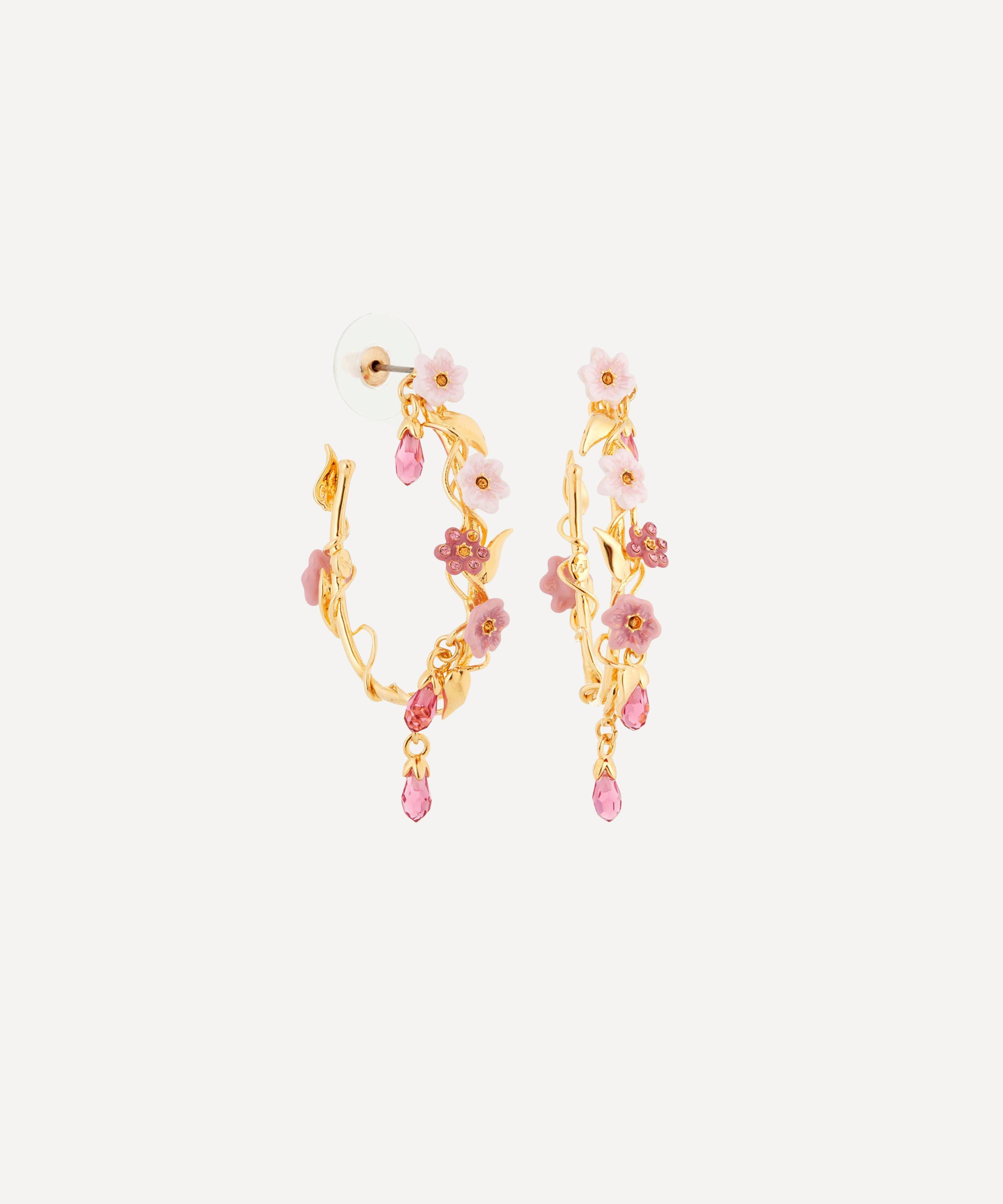 Les N&eacute;r&eacute;ides - Gold-Tone Pink Jasmine Flower Hoop Earrings image number 1