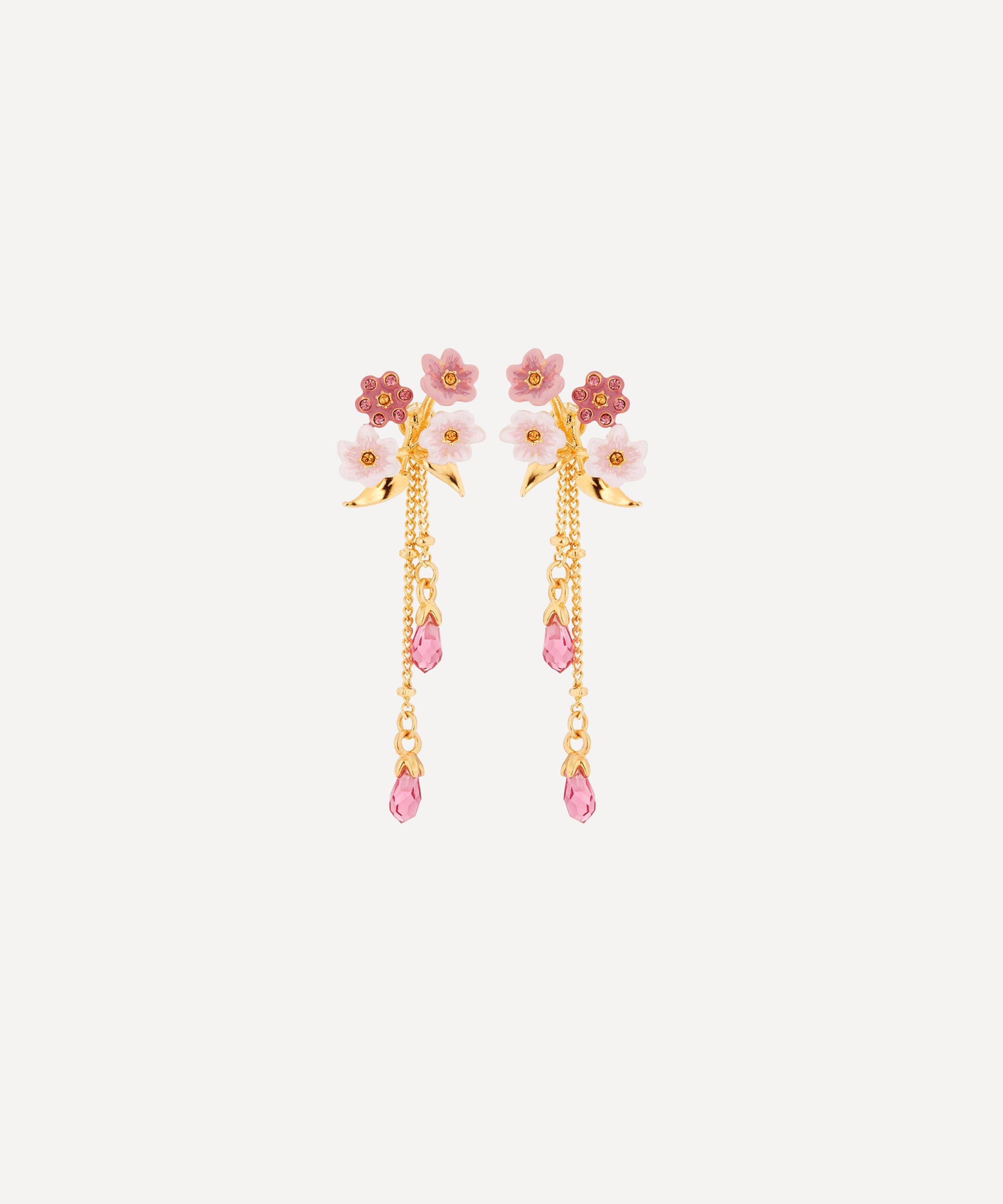 Les N&eacute;r&eacute;ides - Gold-Tone Pink Jasmine Flower Dangle Drop Earrings image number 0