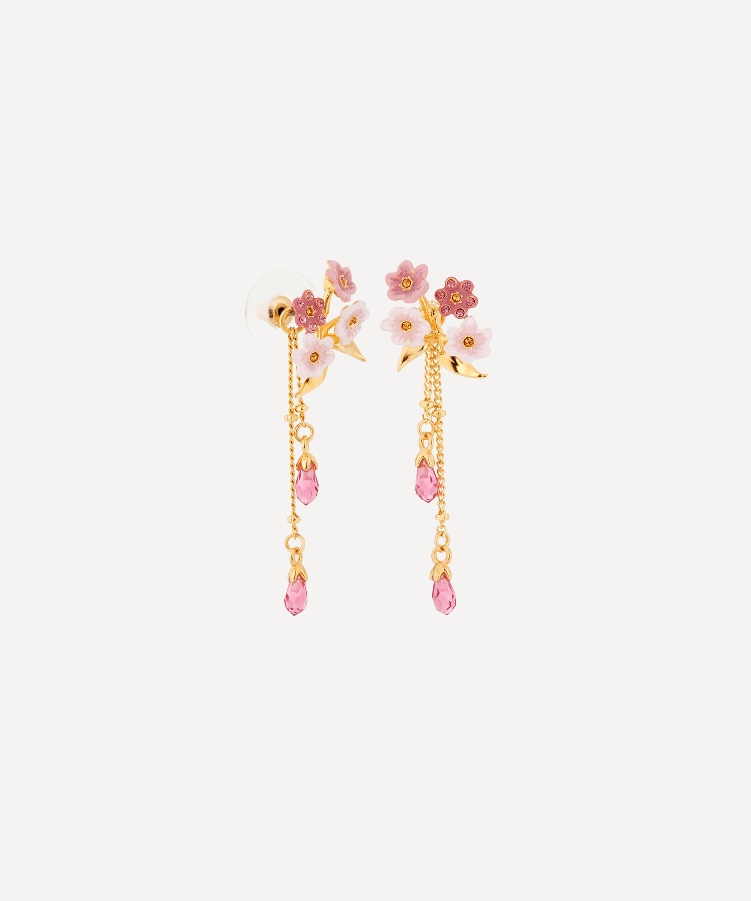 Les N&eacute;r&eacute;ides - Gold-Tone Pink Jasmine Flower Dangle Drop Earrings image number 1