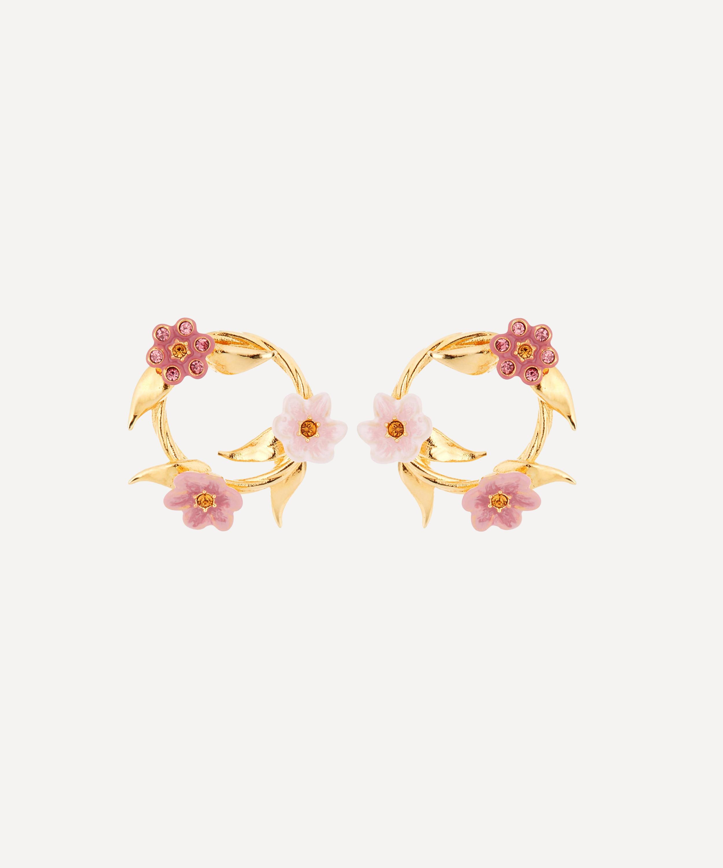 Les N&eacute;r&eacute;ides - Gold-Tone Pink Jasmine Flower Crown Stud Earrings image number 0