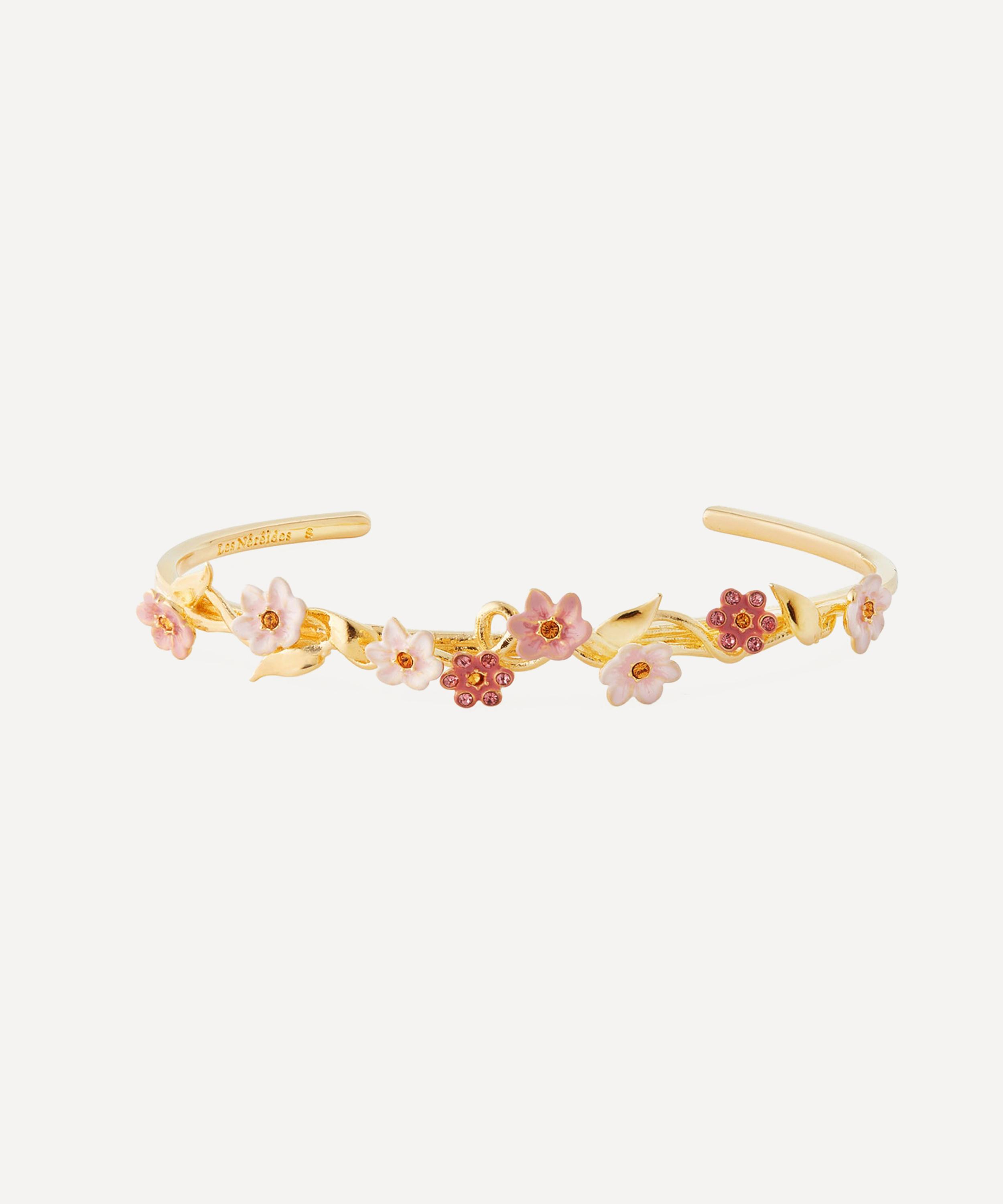 Gold-Tone Pink Jasmine Flower Cuff Bracelet