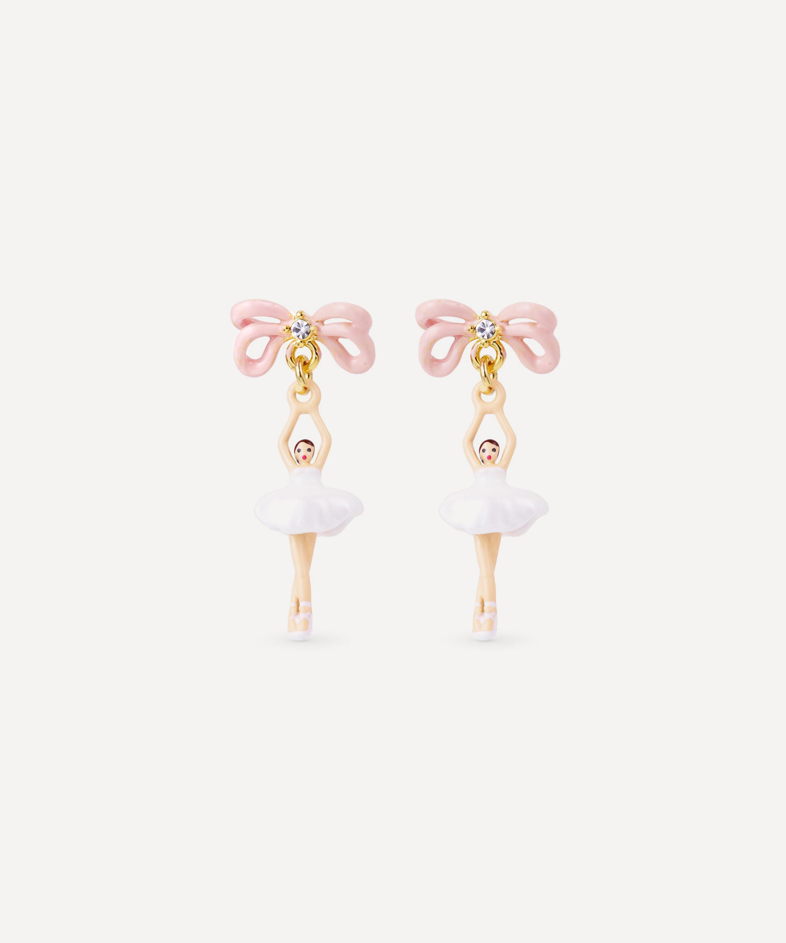 Les N&eacute;r&eacute;ides - Gold-Tone White Tutu and Pink Bow Mini Ballerina Drop Earrings image number 0